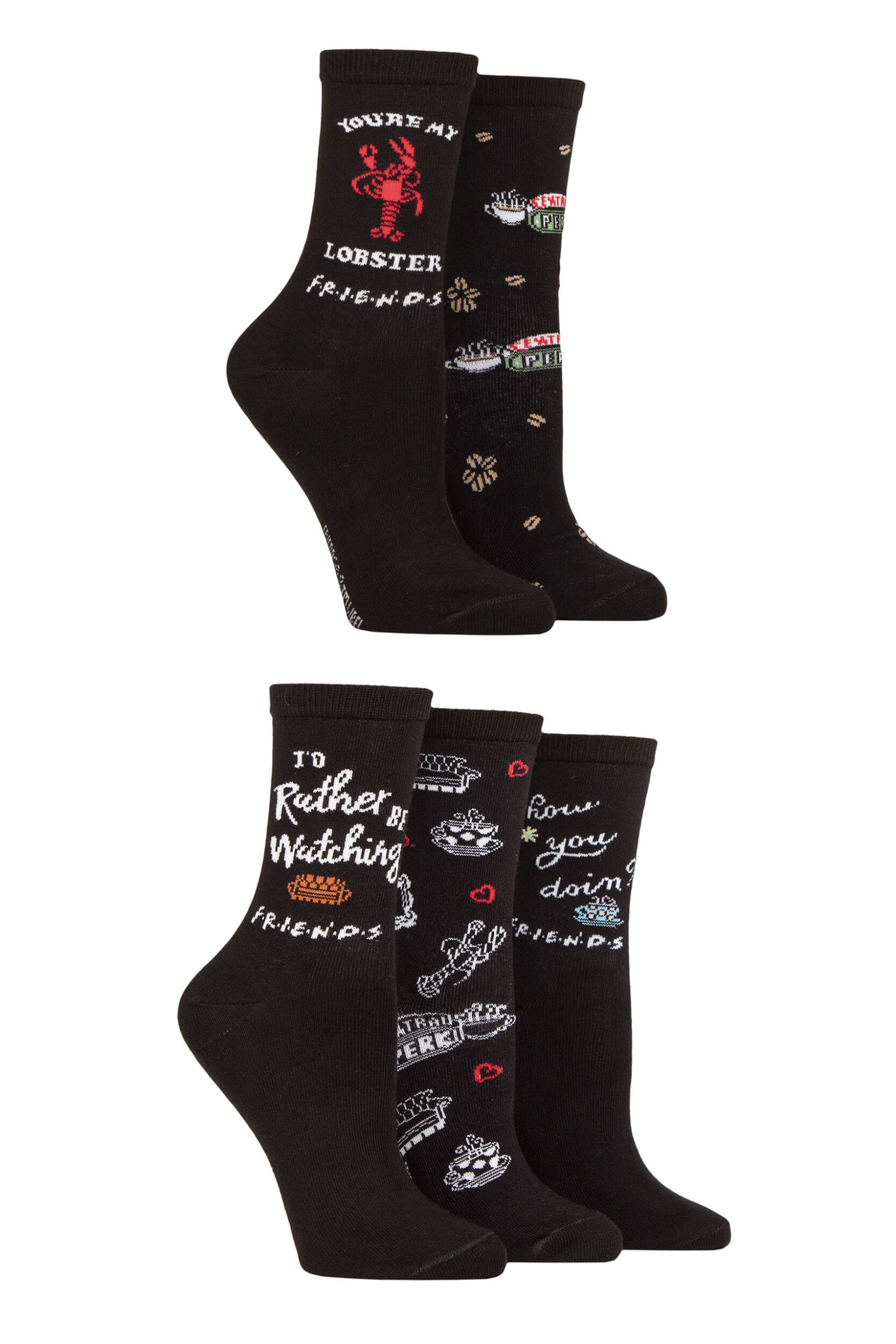 Women’s 5 Pair SOCKSHOP Friends Black Cotton Socks Multi 4-7 Women’s