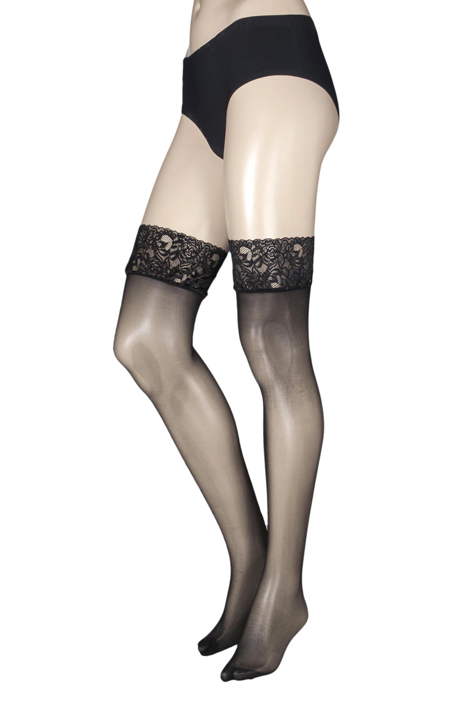 1 pair black 10 denier run resist lace top stockings ladies small - charnos