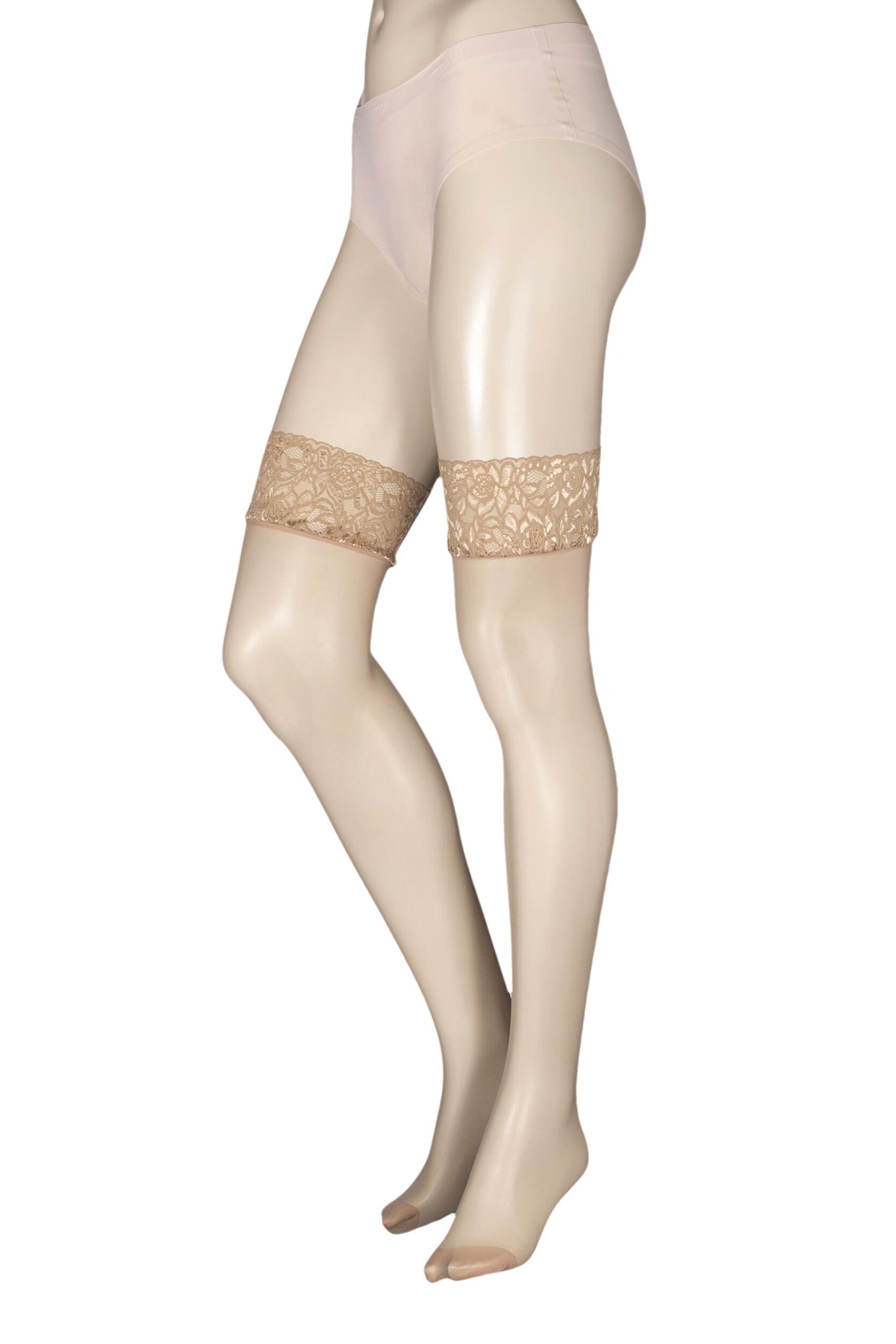 1 pair natural tan 10 denier run resist lace top stockings ladies medium - charnos