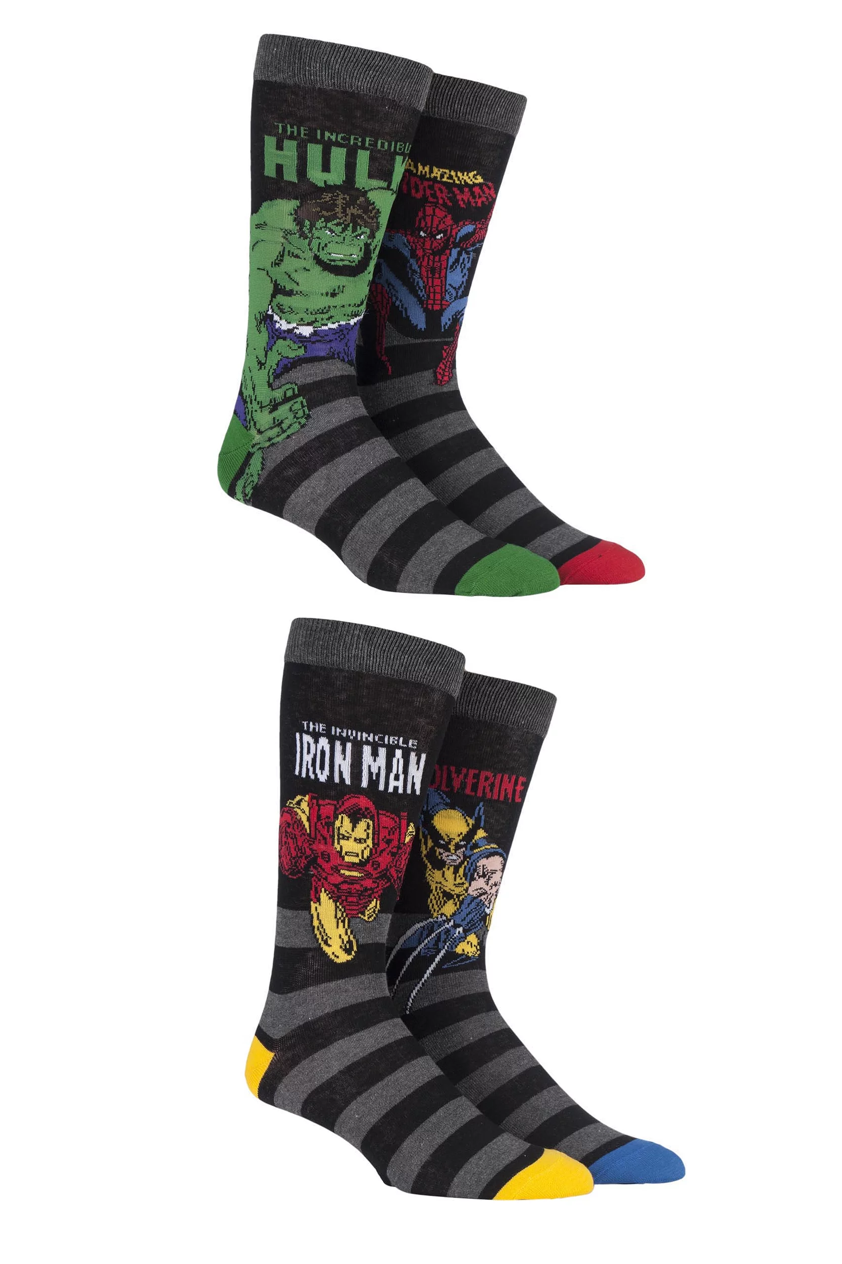 4 Pair 4 Pair Pack Mixed Options Marvel Comics Mix Hulk, Spider-Man, Iron Man and Wolverine Socks Men's 11-13 Mens - Film & TV Characters