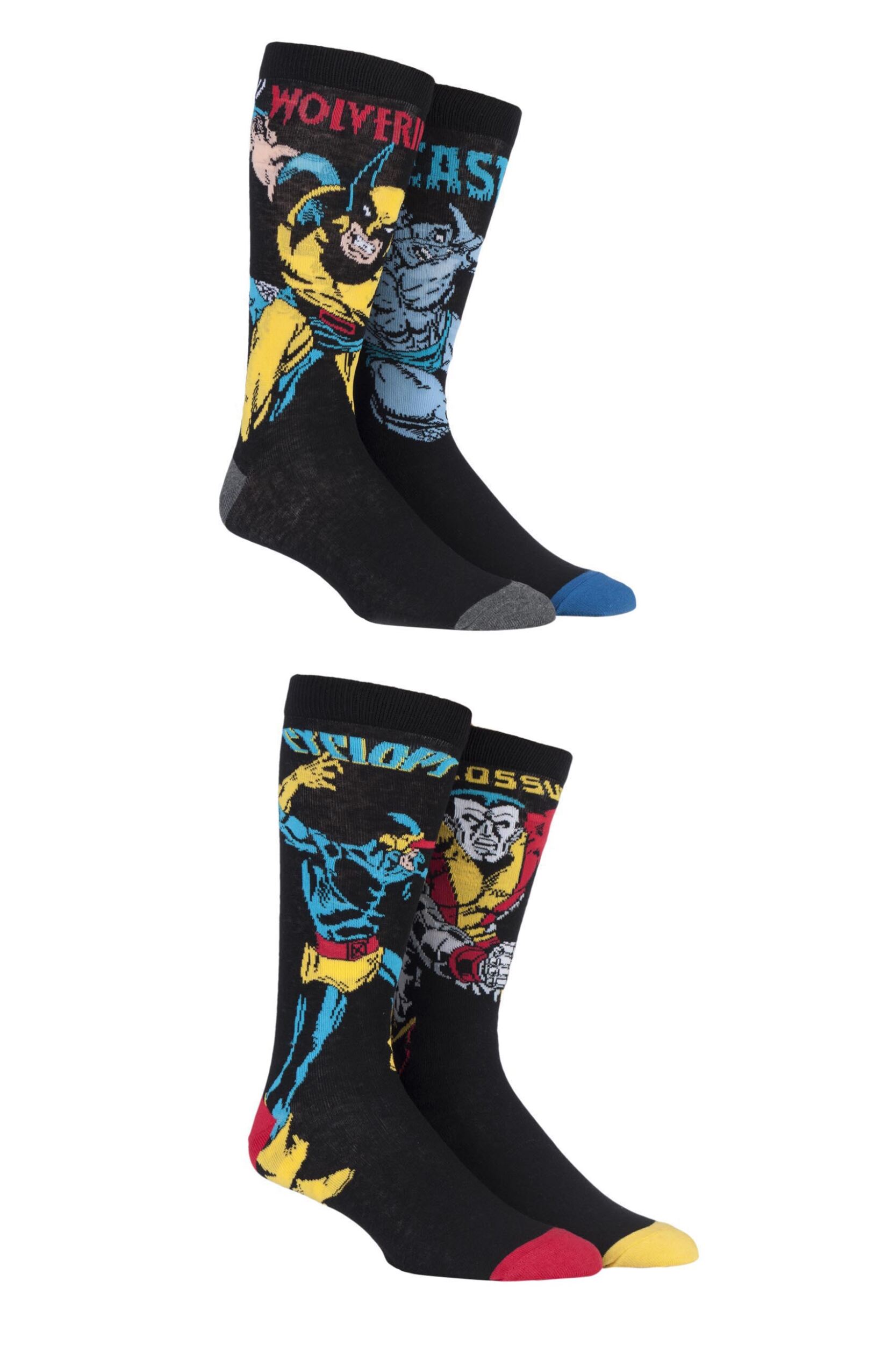 4 Pair Assorted Marvel X-Men Wolverine, Beast, Cyclops and Colossus Cotton Socks Men's 6-11 Mens - Film & TV Characters
