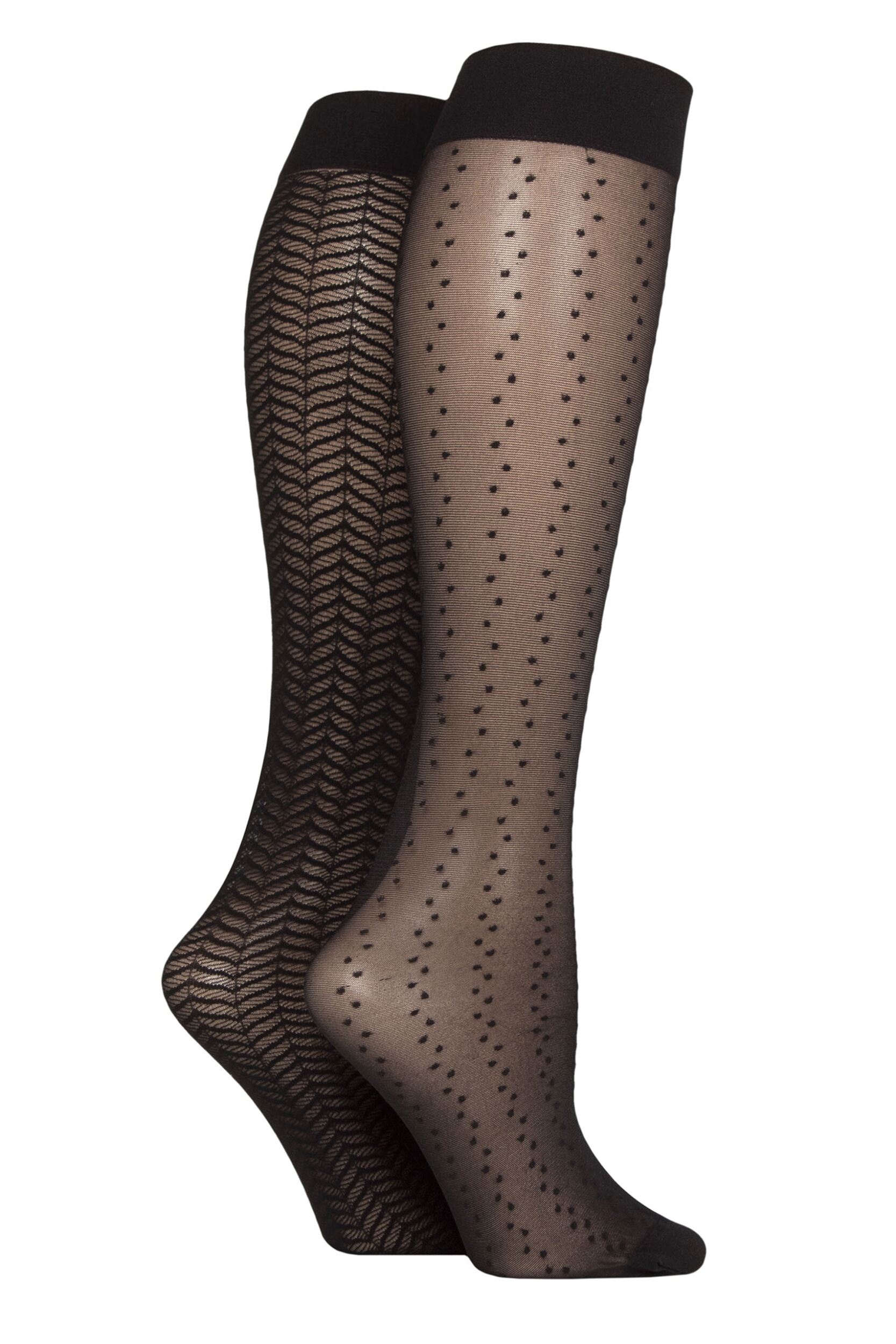 Women's 2 Pair Charnos Chevron and Spotty Knee High Socks Black One Size