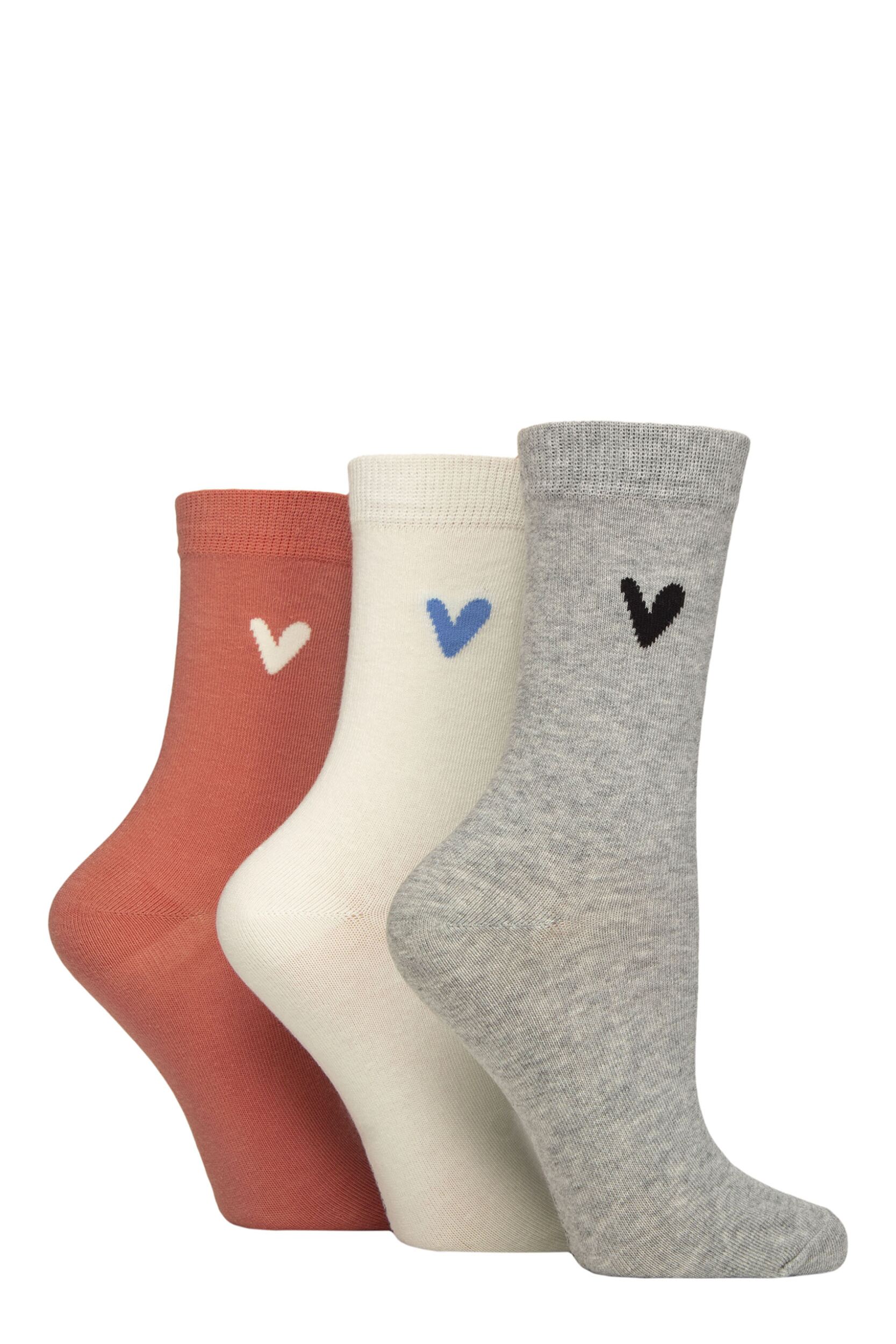 Women’s 3 Pair Caroline Gardner Patterned Cotton Socks Grey / Snow / Coral Heart 4-8