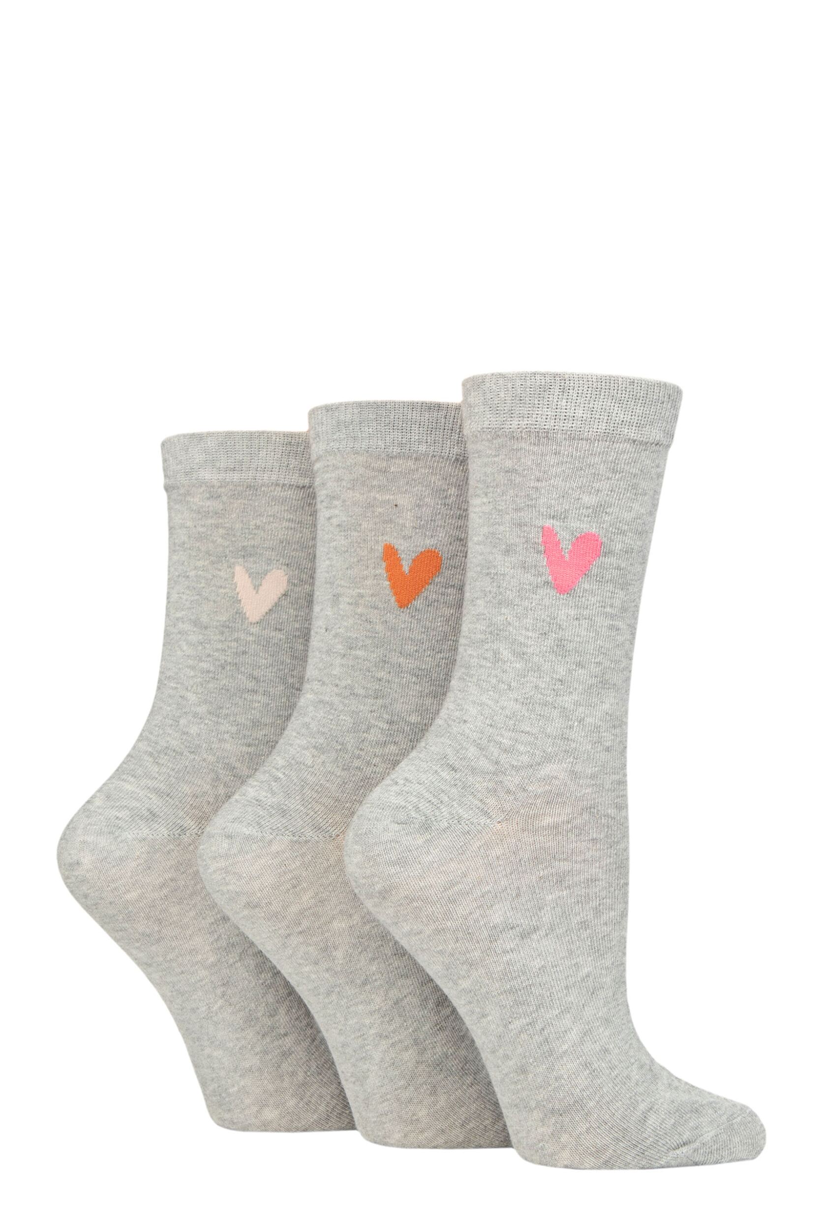 Women's 3 Pair Caroline Gardner Patterned Cotton Socks Grey Heart 4-8 Ladies