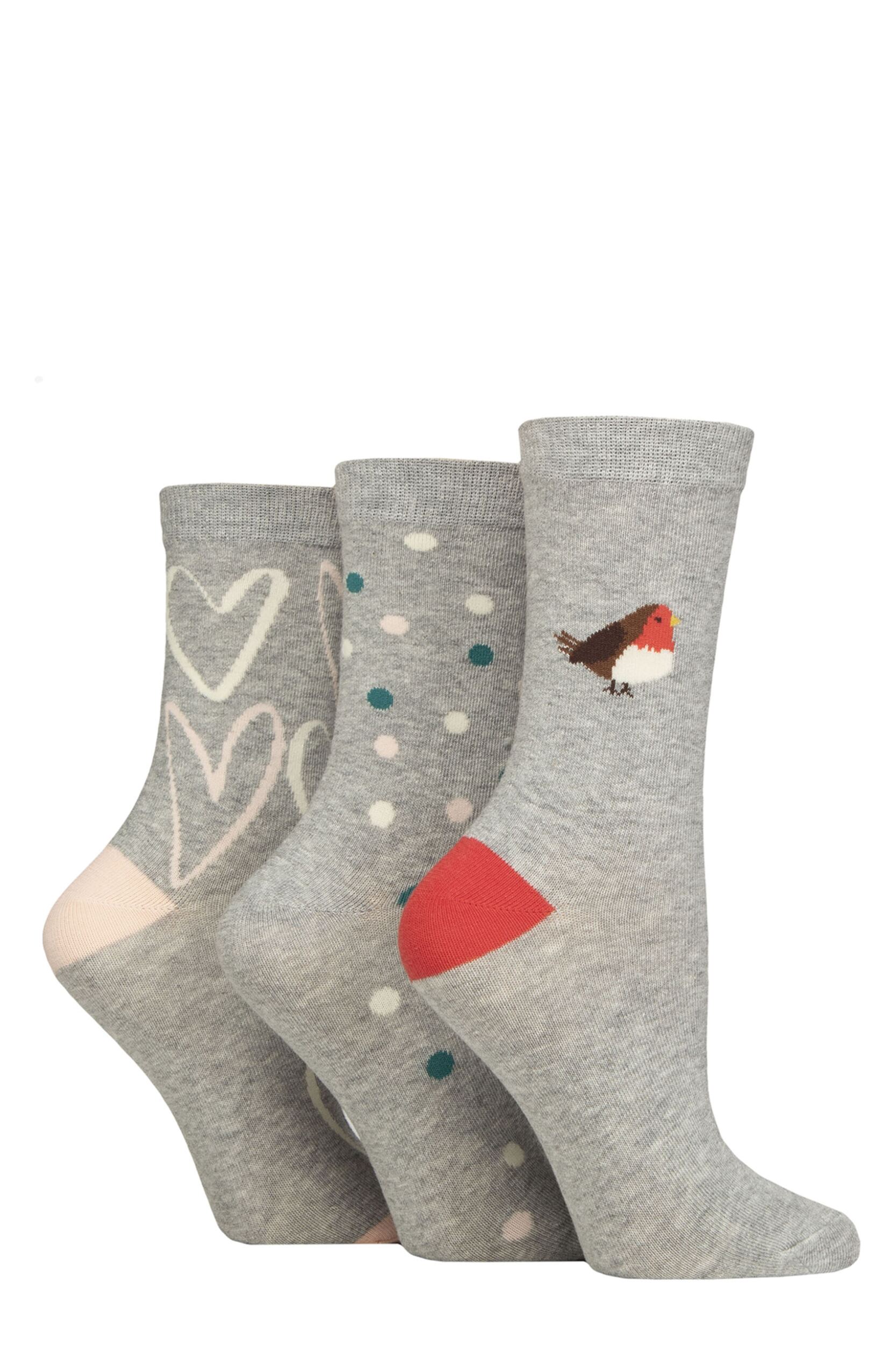 Women's 3 Pair Caroline Gardner Christmas Patterned Cotton Socks Robin 4-8