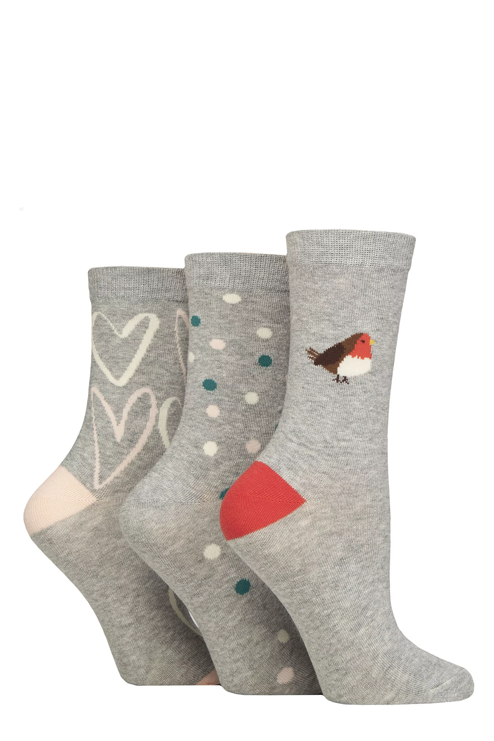 Women's 3 Pair Caroline Gardner Christmas Patterned Cotton Socks Robin 4