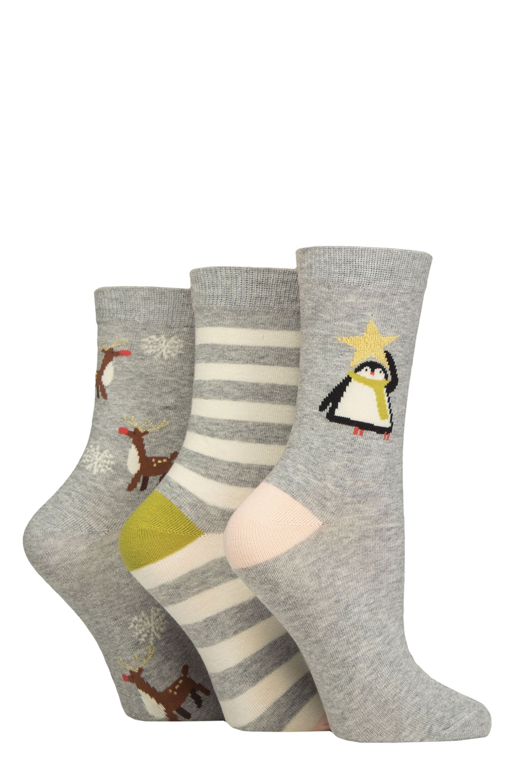 Women's 3 Pair Caroline Gardner Christmas Patterned Cotton Socks Penguin 4-8