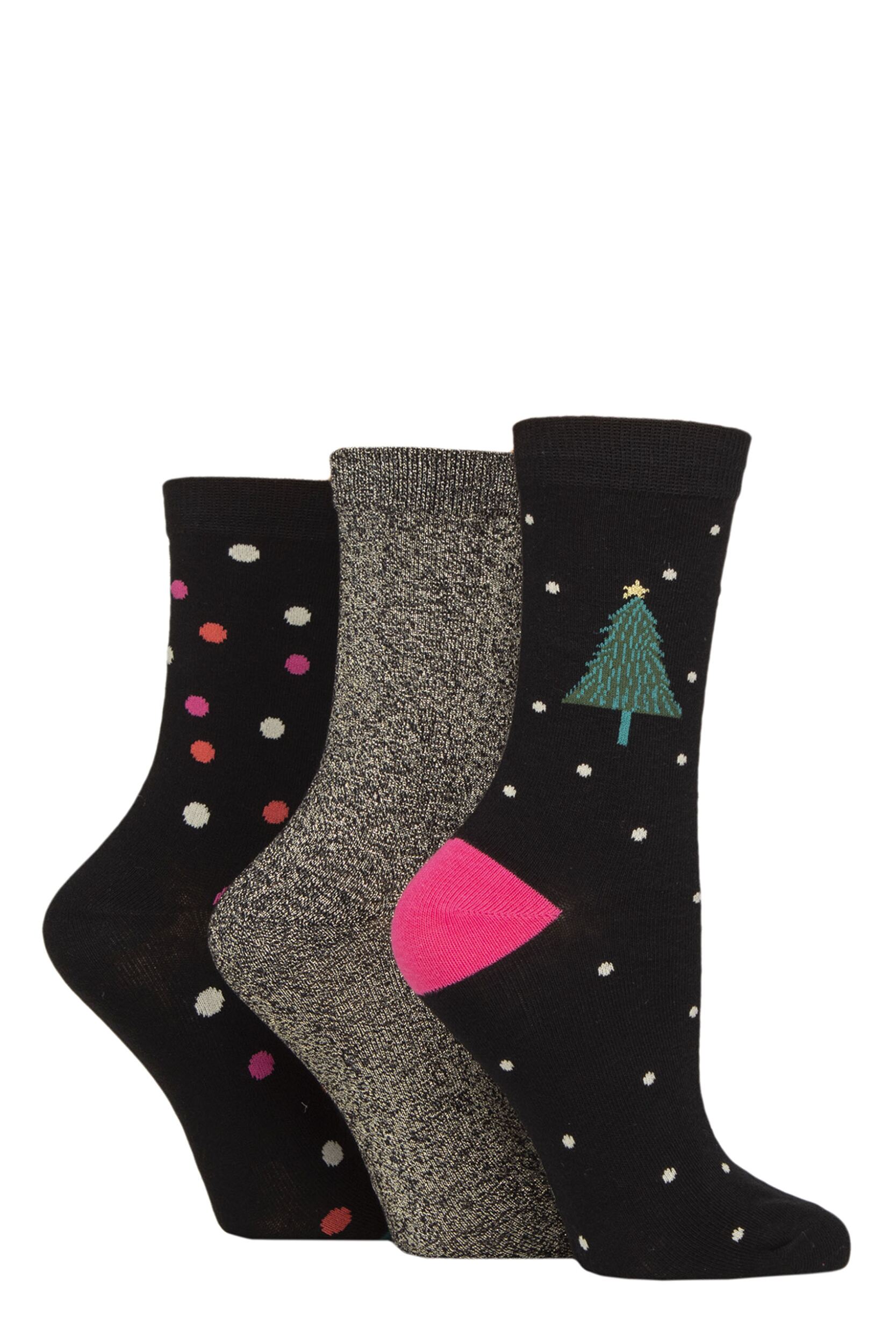 Ladies 3 Pair Caroline Gardner Christmas Patterned Cotton Socks Black Tree/ Glitter / Spot 4-8
