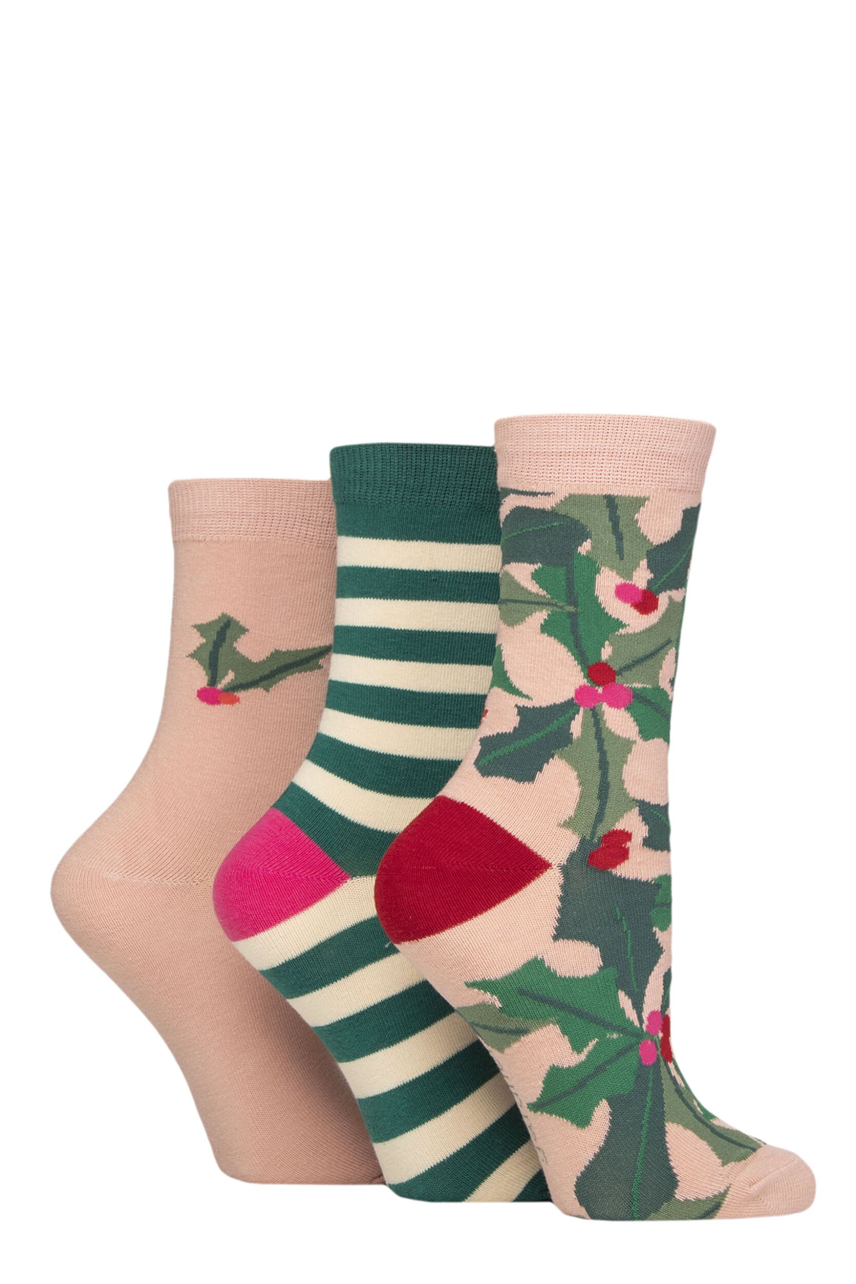 Women's 3 Pair Caroline Gardner Christmas Patterned Cotton Socks Holly & Stripes Pink 4-8