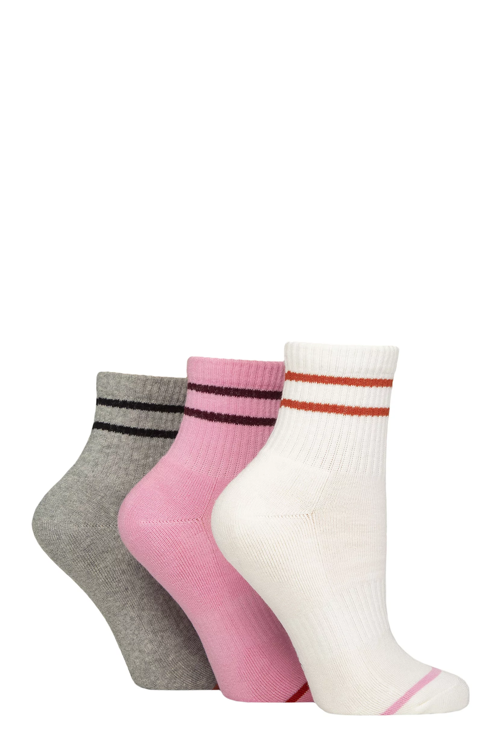 Women's 3 Pair Caroline Gardner Cotton Ribbed Sports Quarter Socks Cream / Pink / Grey 4