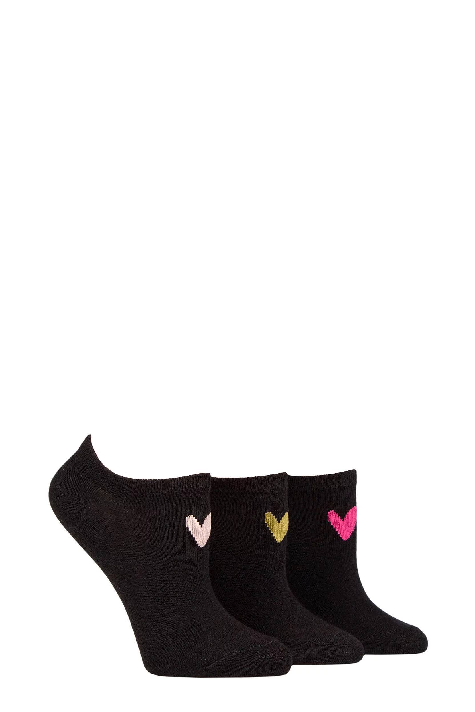 Women's 3 Pair Caroline Gardner Patterned Cotton Trainer Socks Black Heart 4-8 Ladies