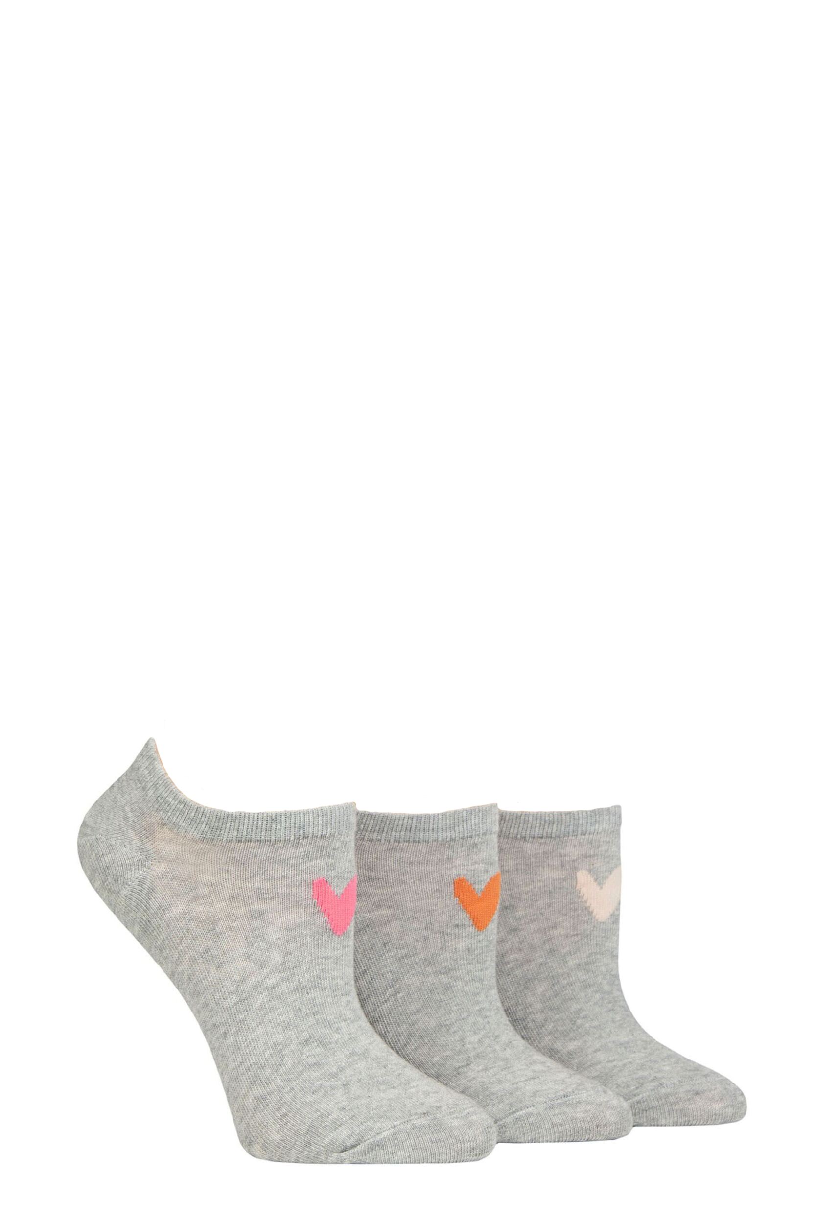 Women's 3 Pair Caroline Gardner Patterned Cotton Trainer Socks Grey Heart 4-8 Ladies