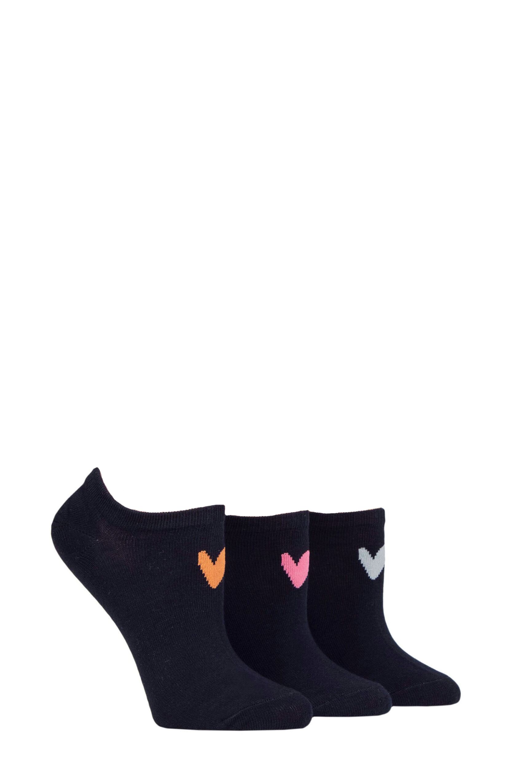 Women's 3 Pair Caroline Gardner Patterned Cotton Trainer Socks Navy Heart 4-8 Ladies