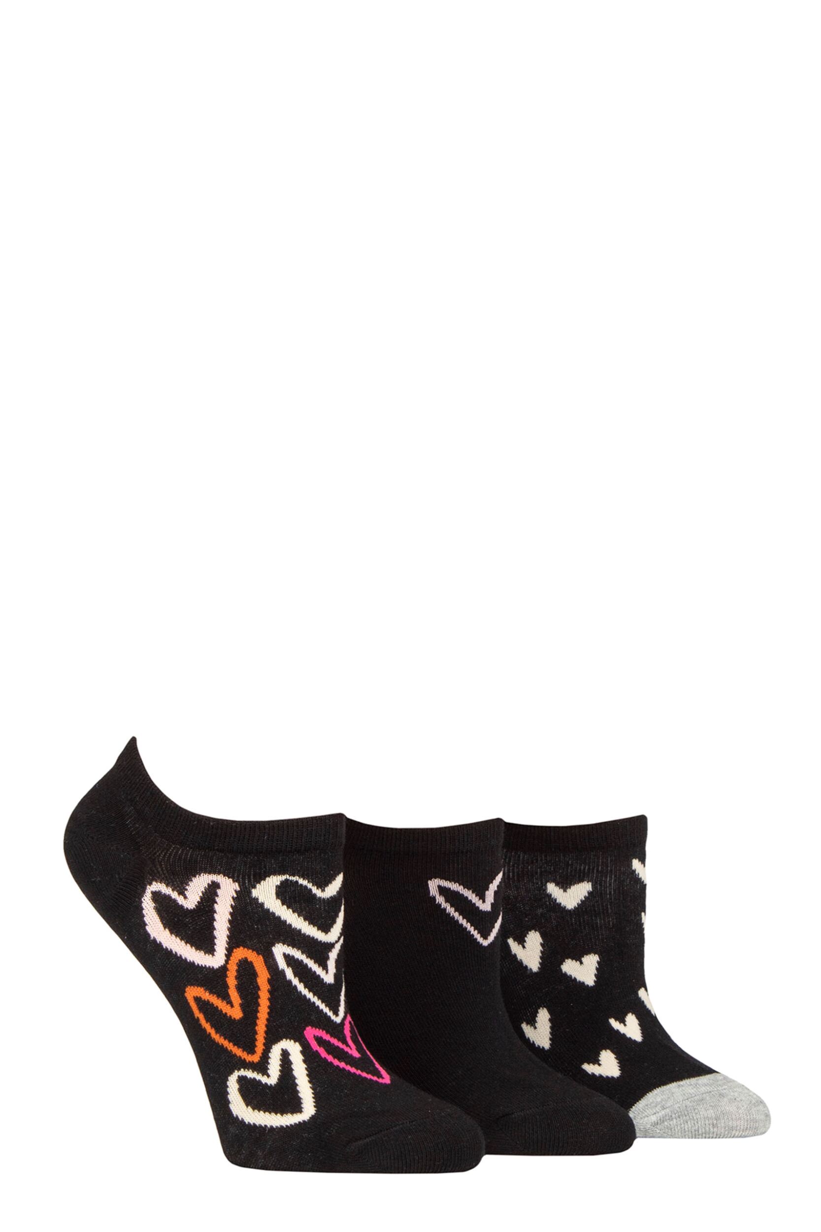 Women's 3 Pair Caroline Gardner Patterned Cotton Trainer Socks All Over Hearts Black UK 4-8