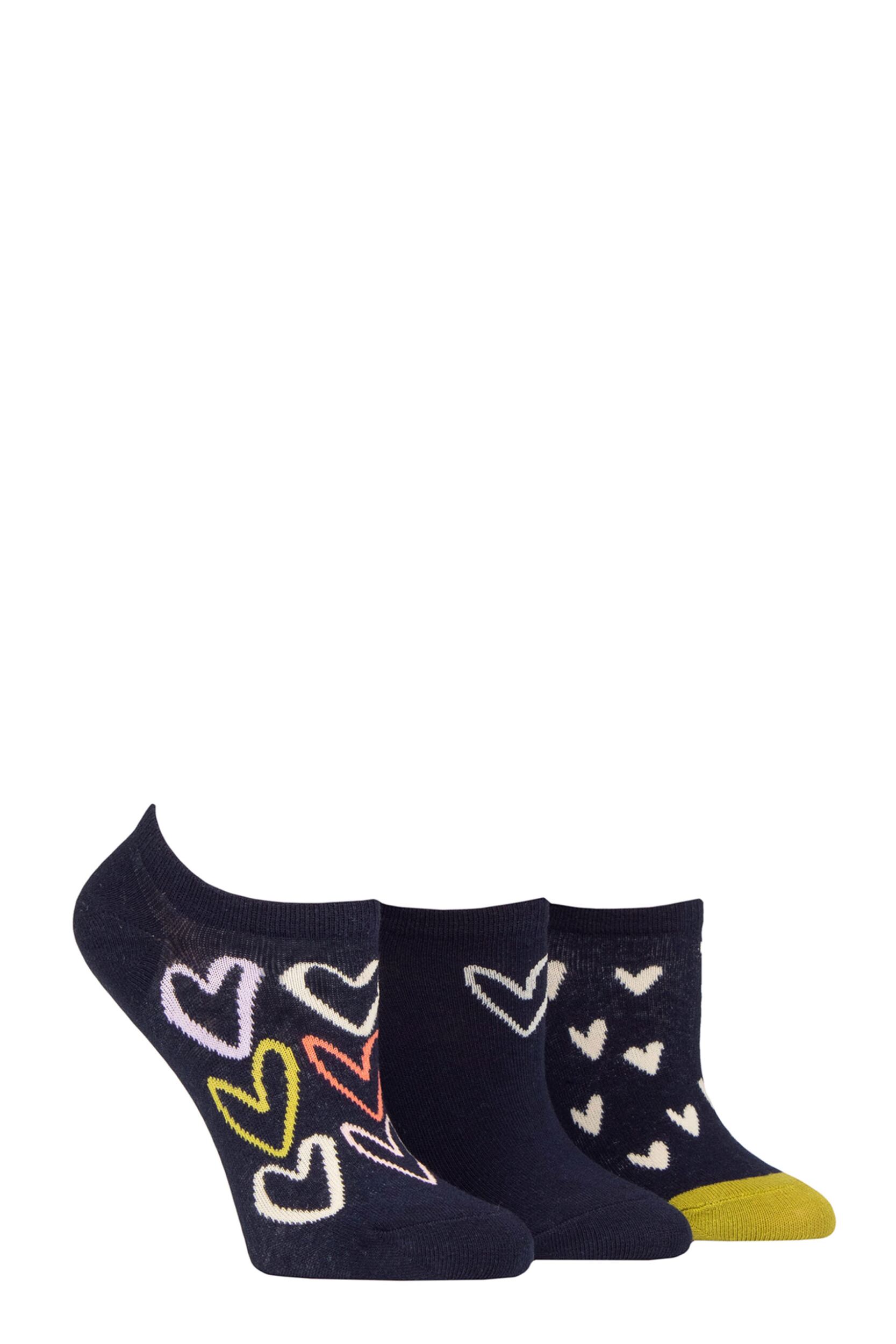Women's 3 Pair Caroline Gardner Patterned Cotton Trainer Socks All Over Hearts Navy UK 4-8