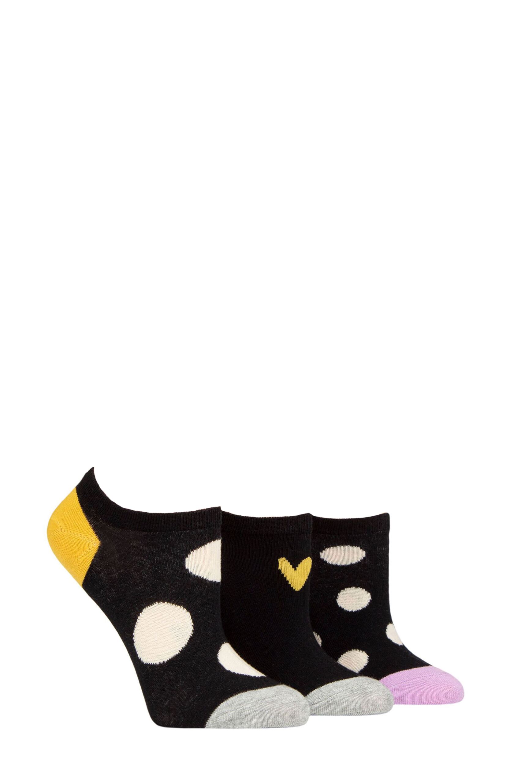 Women's 3 Pair Caroline Gardner Patterned Cotton Trainer Socks Black Spots 4-8 Ladies