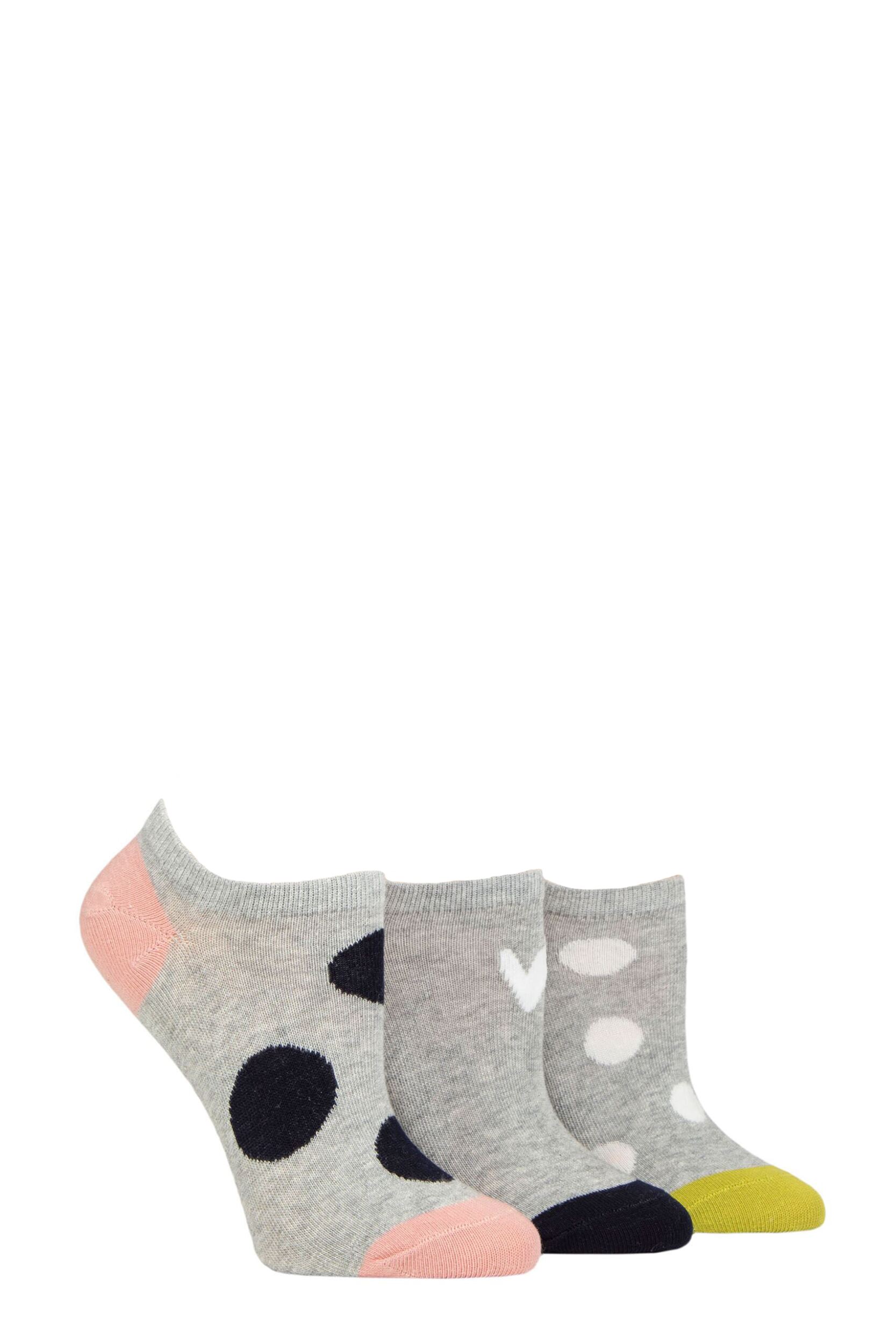 Women's 3 Pair Caroline Gardner Patterned Cotton Trainer Socks Grey Spots 4-8 Ladies