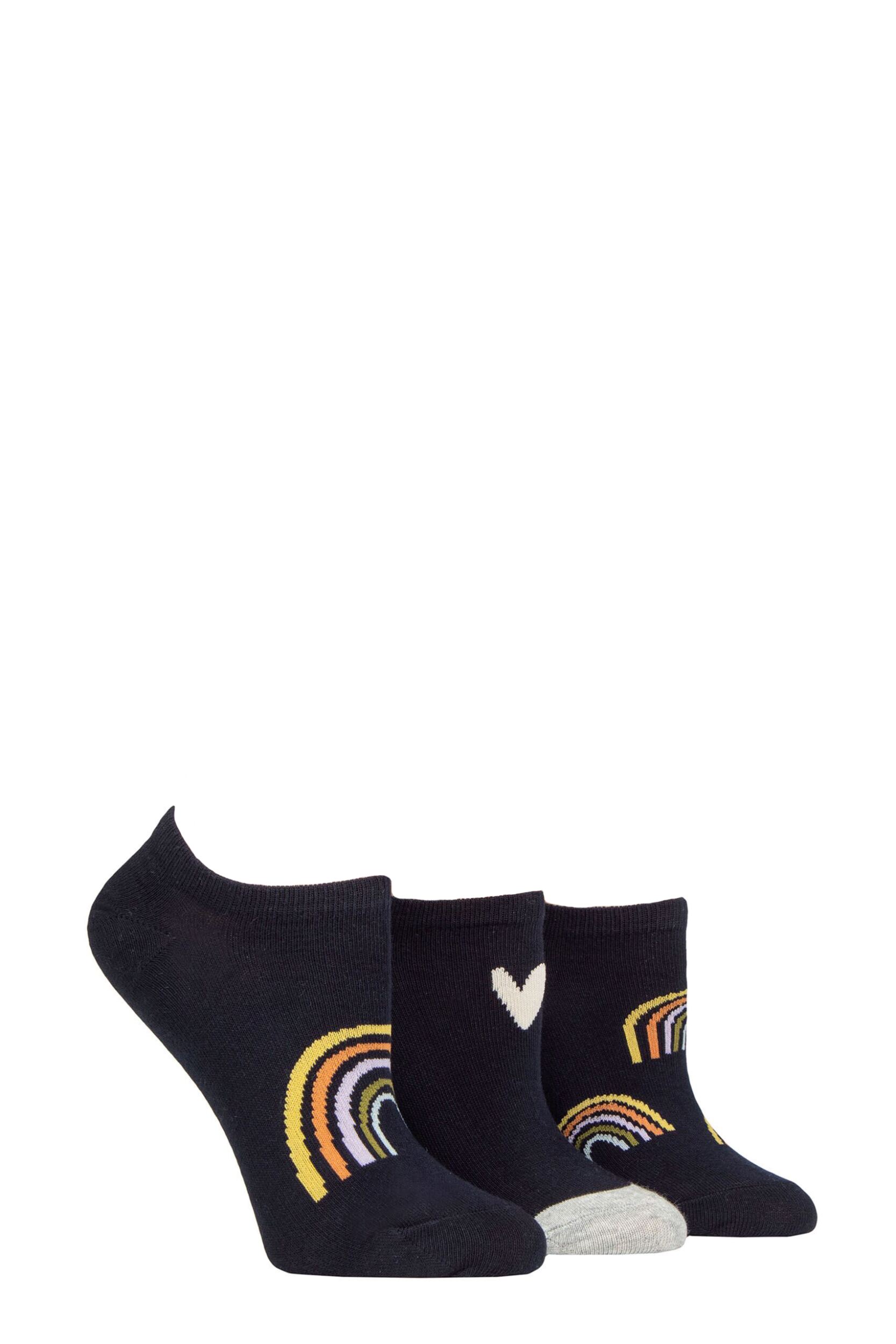 Women's 3 Pair Caroline Gardner Patterned Cotton Trainer Socks Navy Rainbow 4-8 Ladies