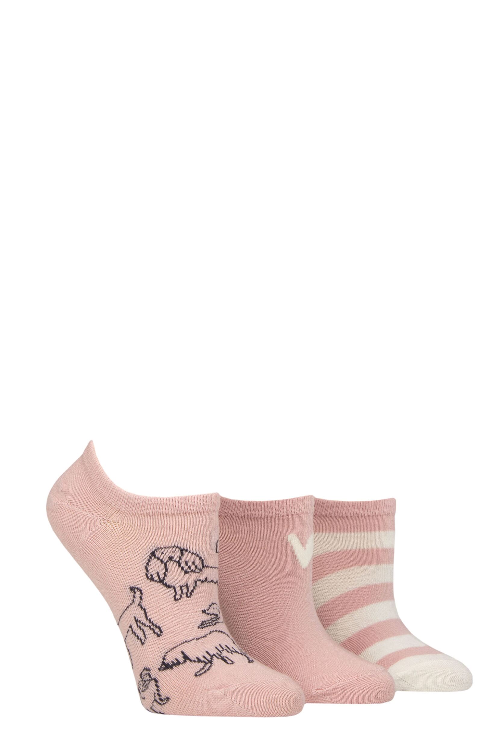 Women’s 3 Pair Caroline Gardner Patterned Cotton Trainer Socks Dogs Pink 4-8
