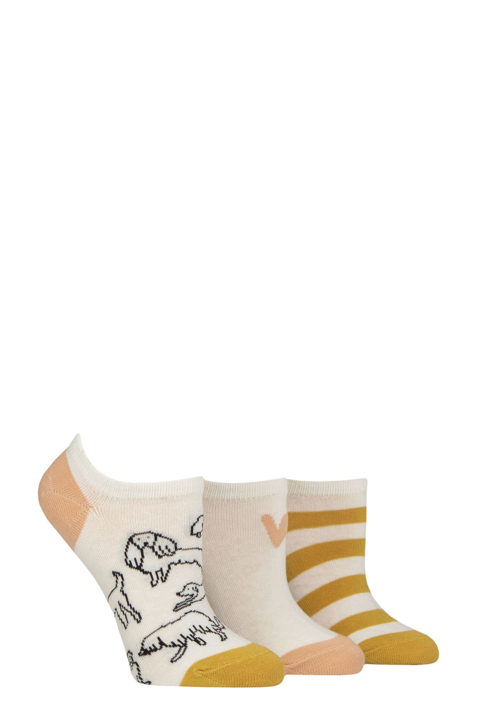 Women's 3 Pair Caroline Gardner Patterned Cotton Trainer Socks Dogs White 4-8