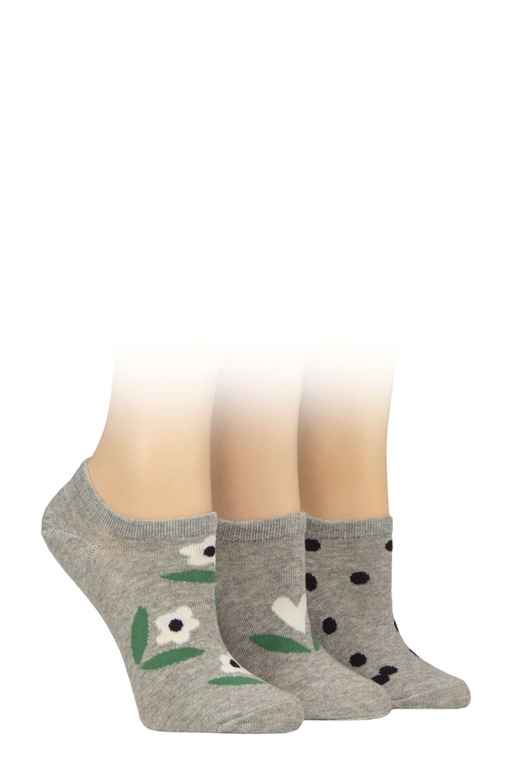 Women's 3 Pair Caroline Gardner Patterned Cotton Trainer Socks Flowers and Spots Light Grey 4-8 Women's