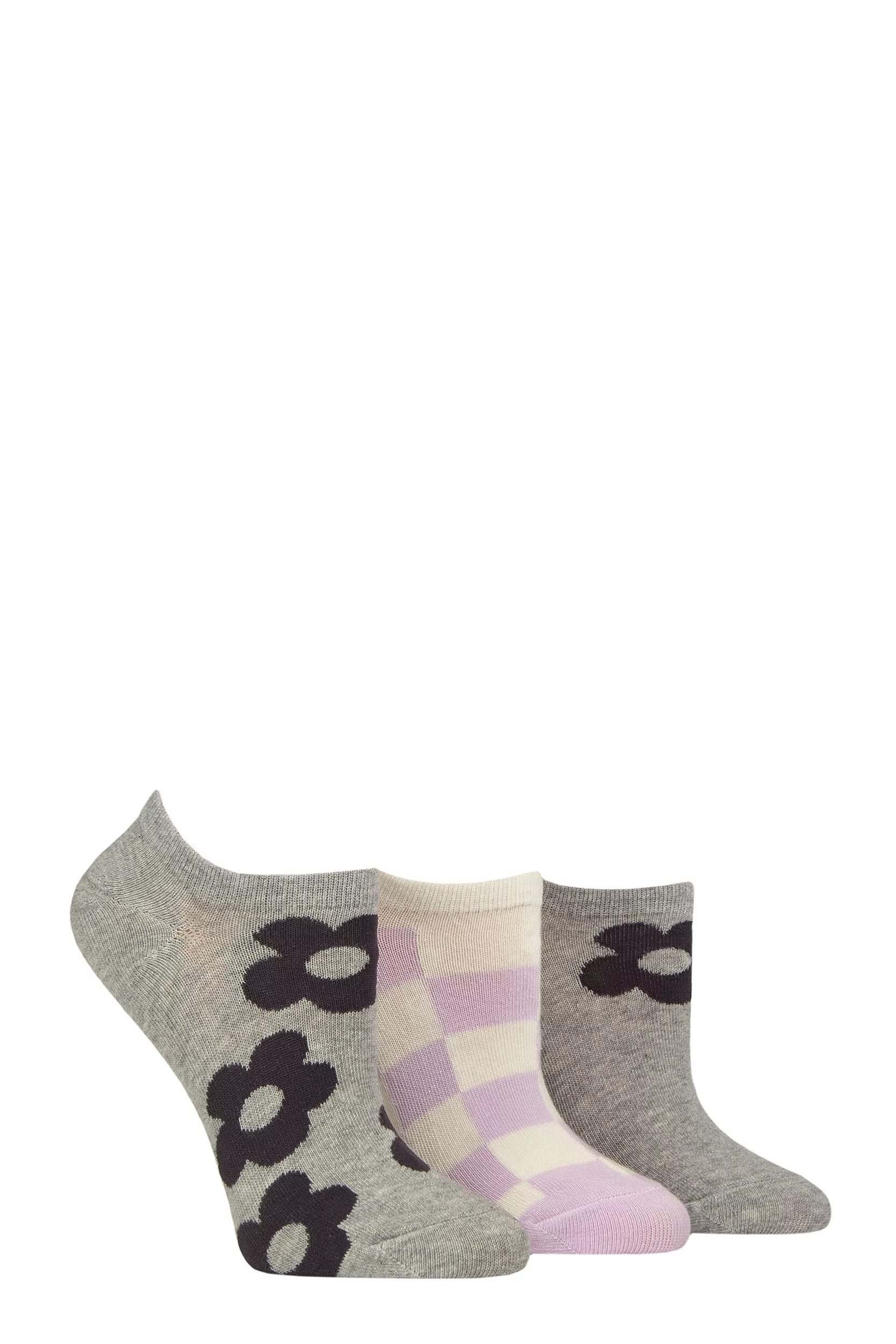 Women's 3 Pair Caroline Gardner Patterned Cotton Trainer Socks Grey / Lilac / Cream 4