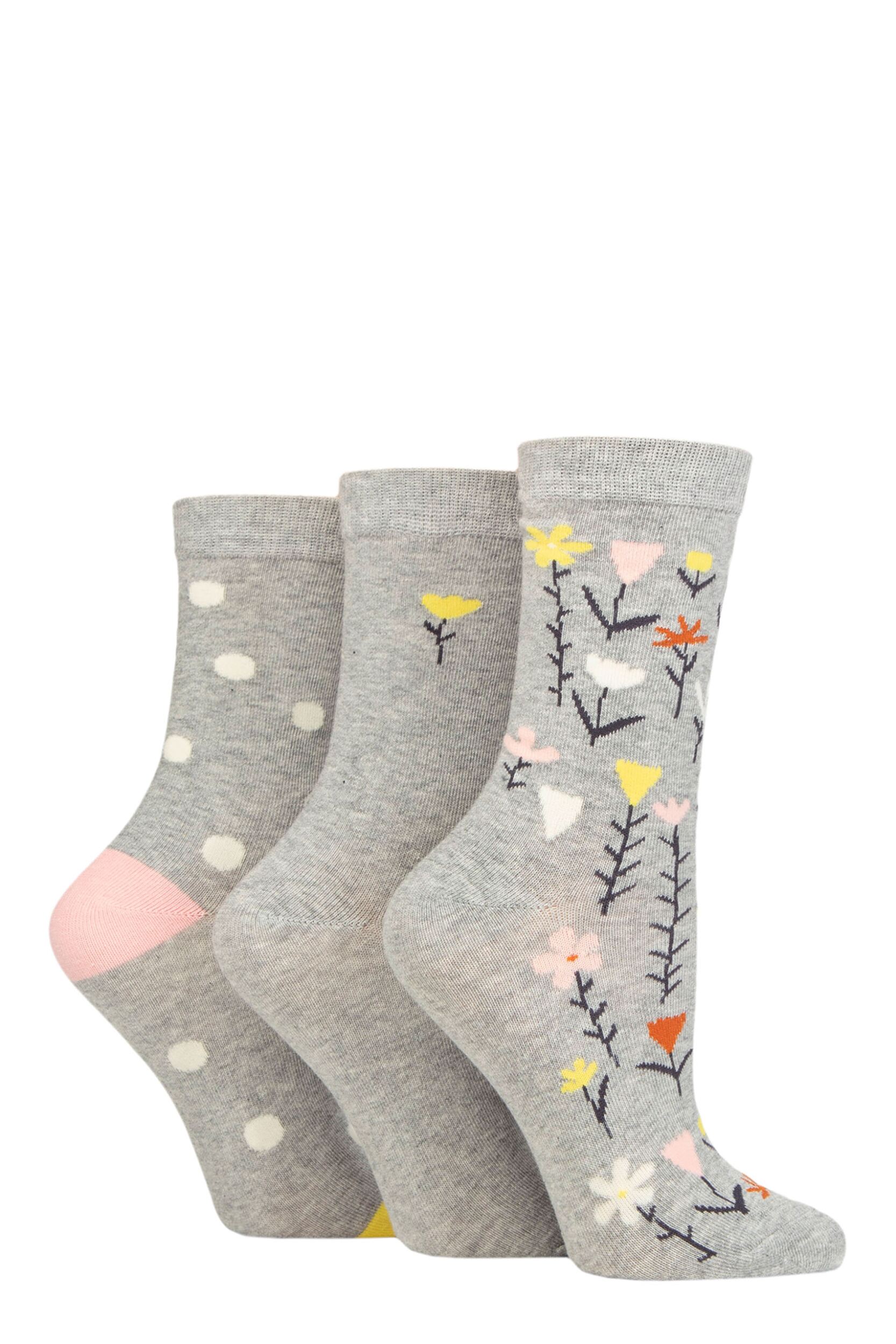 Women's 3 Pair Caroline Gardner Patterned Cotton Socks Floral Light Grey UK 4-8