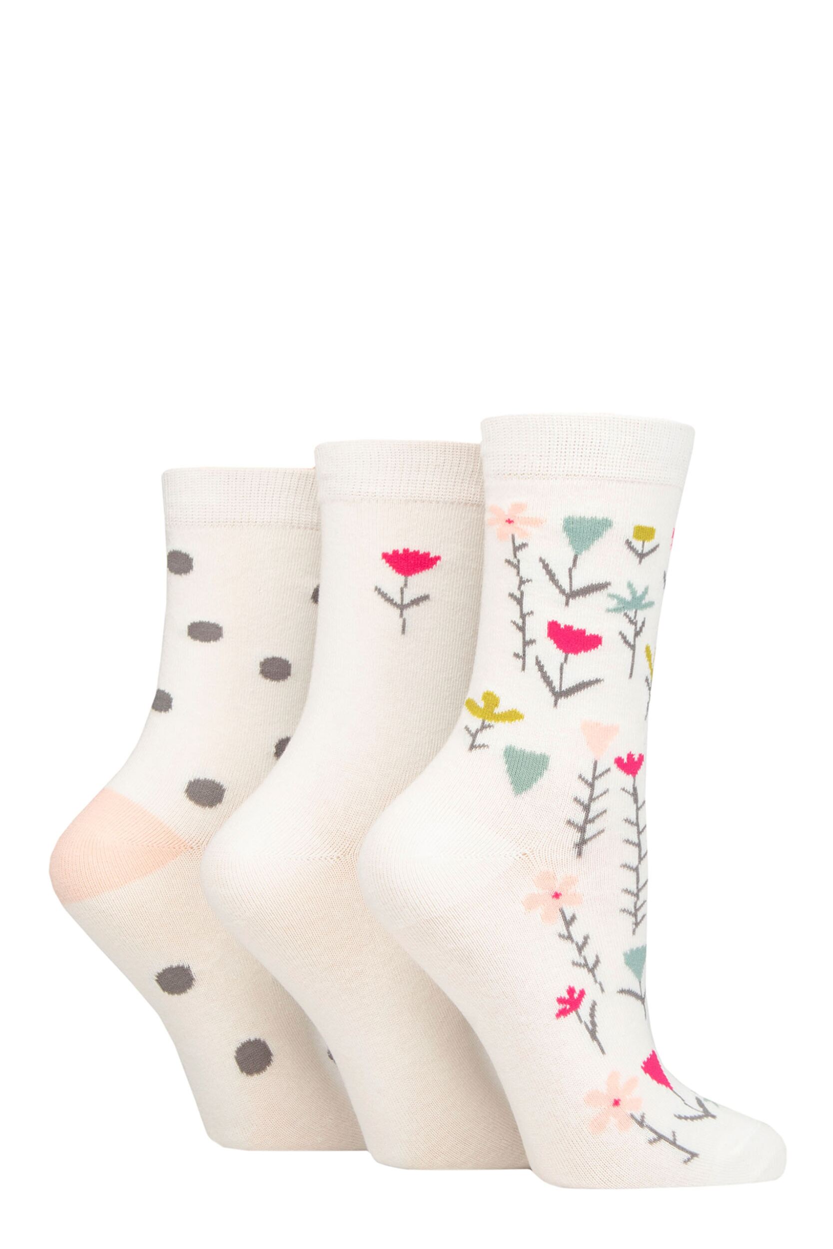 Women's 3 Pair Caroline Gardner Patterned Cotton Socks Floral White UK 4-8
