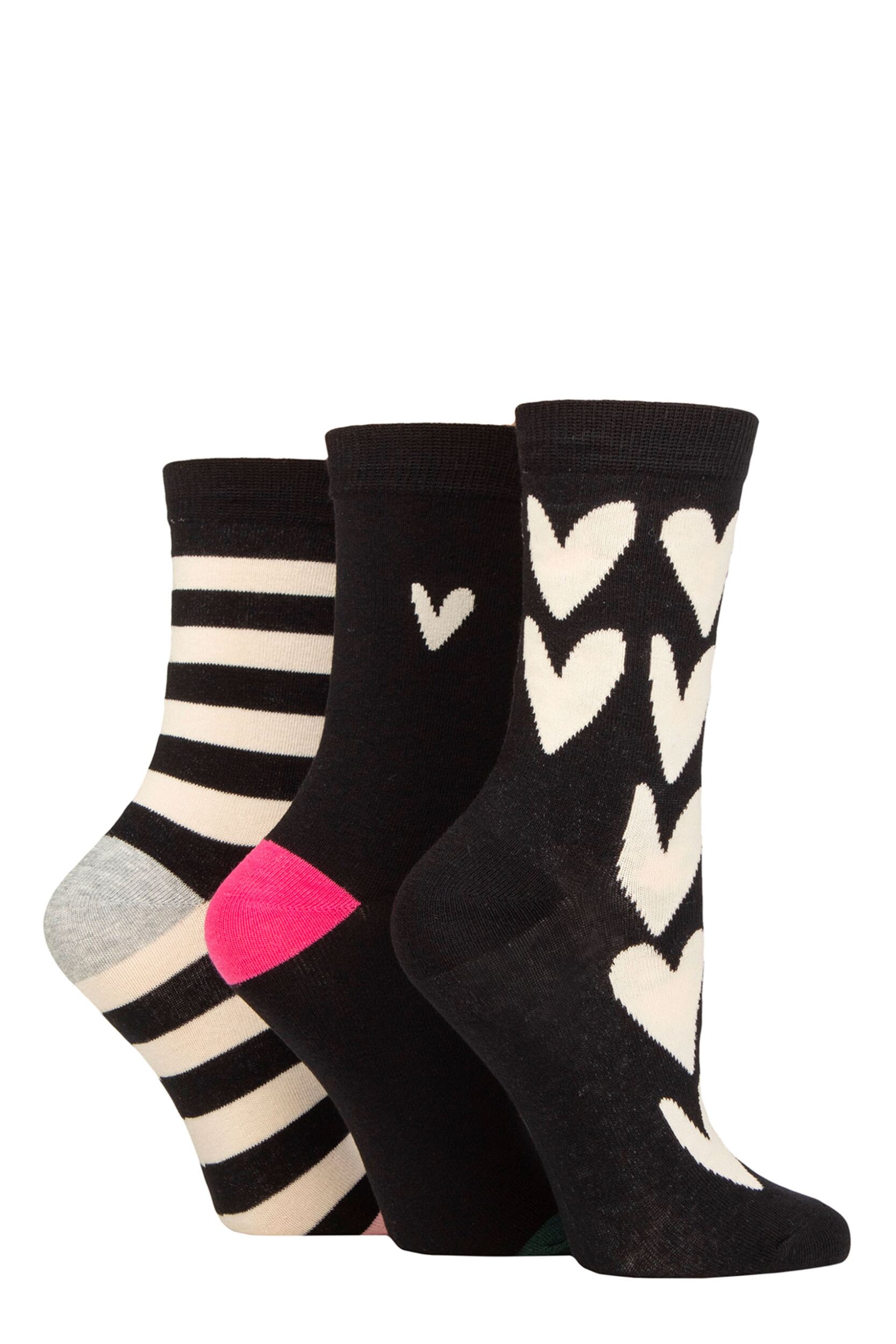 Women's 3 Pair Caroline Gardner Patterned Cotton Socks All Over Hearts Black UK 4-8