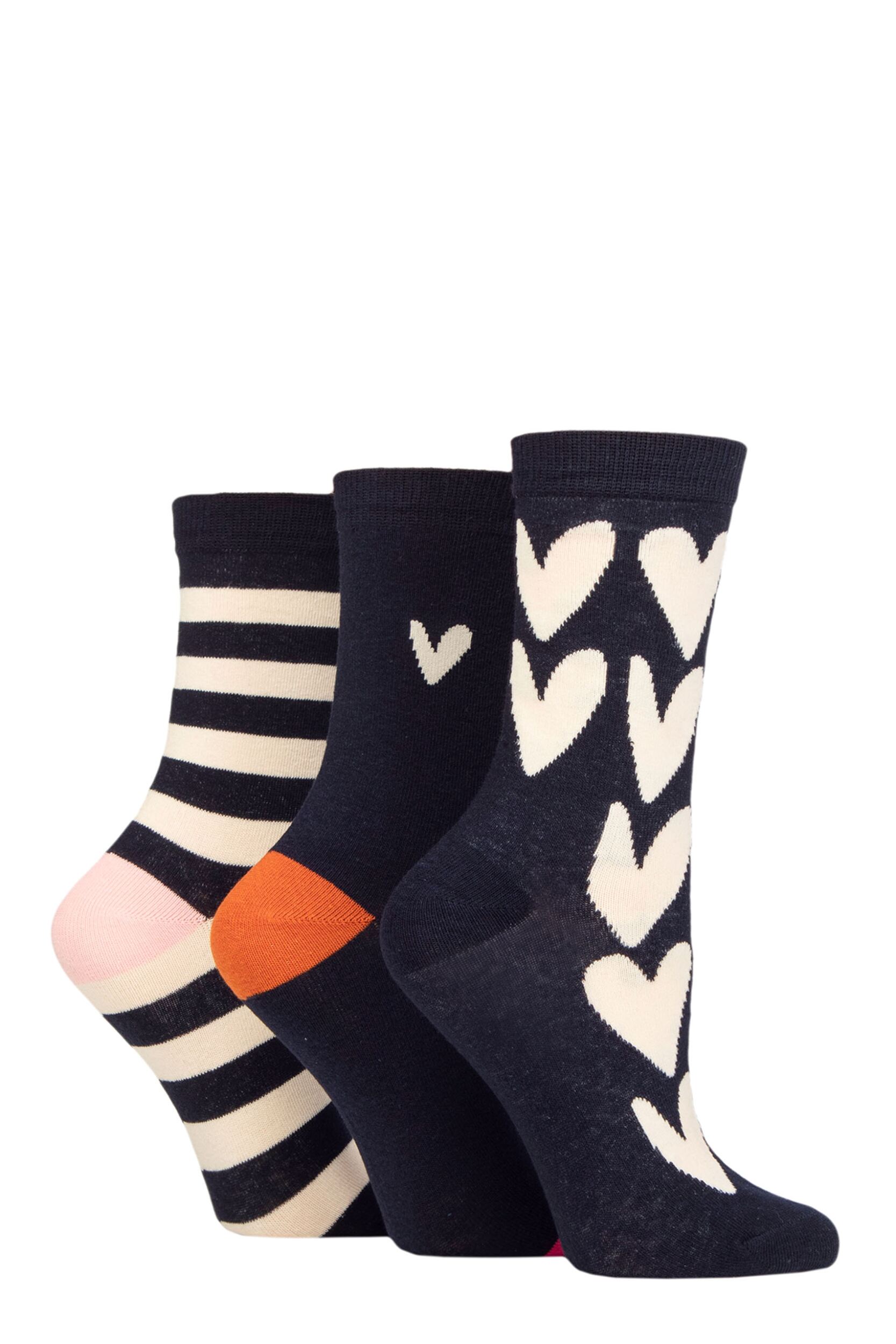 Women's 3 Pair Caroline Gardner Patterned Cotton Socks All Over Hearts Navy UK 4-8