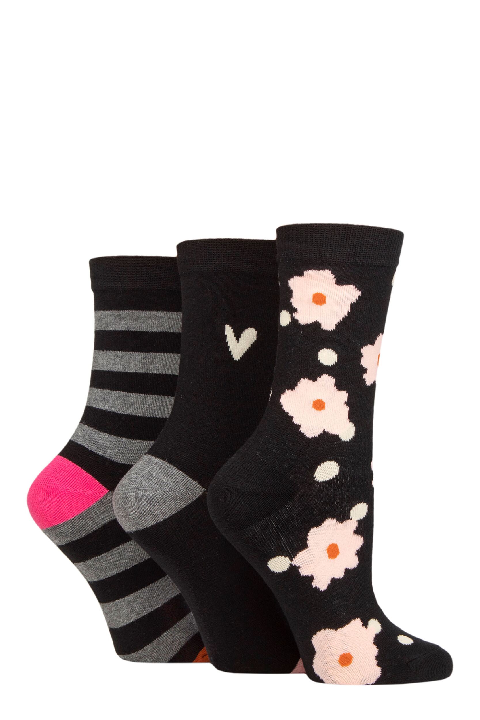 Women's 3 Pair Caroline Gardner Patterned Cotton Socks Flower and Spot Black 4-8 Ladies