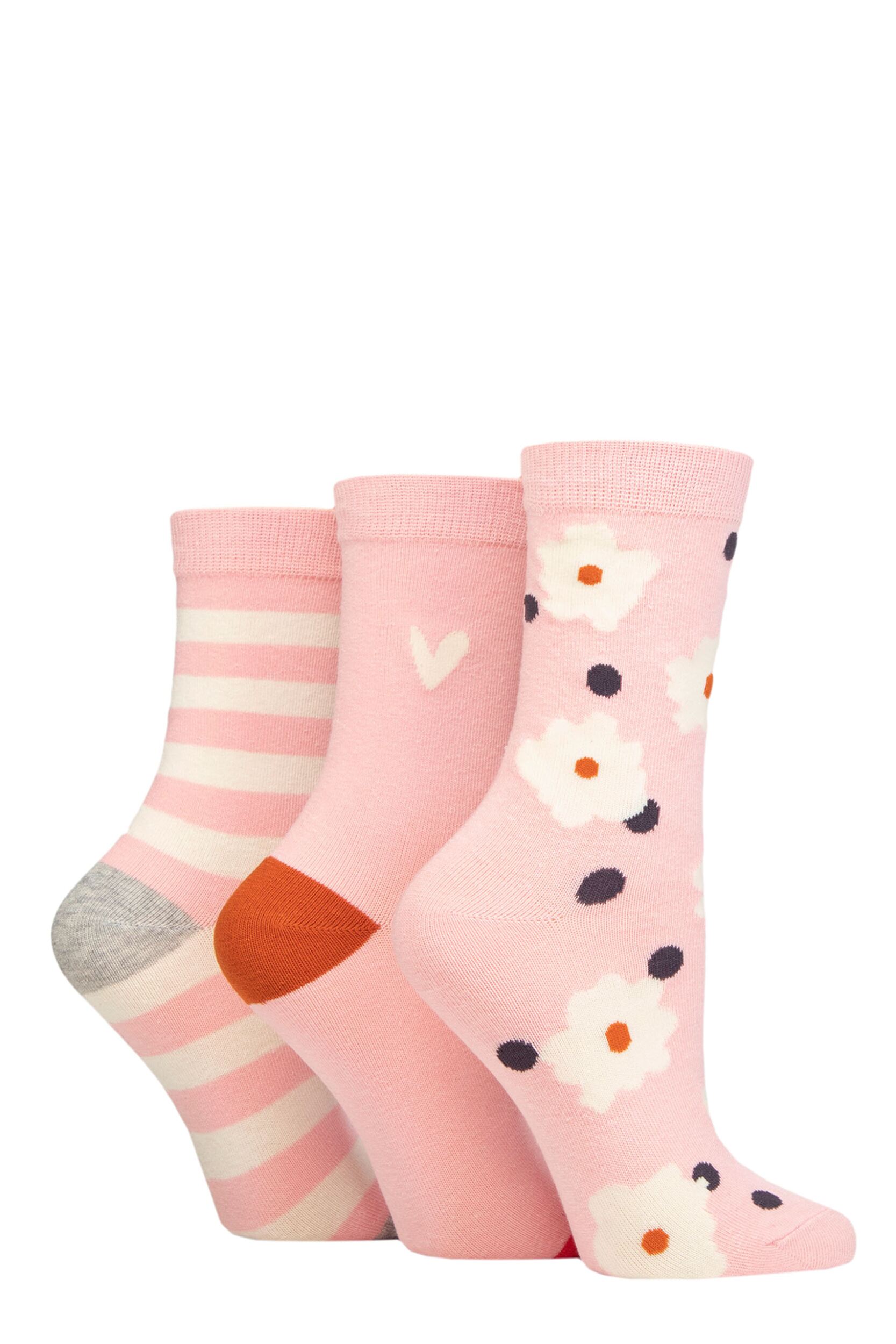 Women's 3 Pair Caroline Gardner Patterned Cotton Socks Flower and Spot Pink 4-8 Ladies