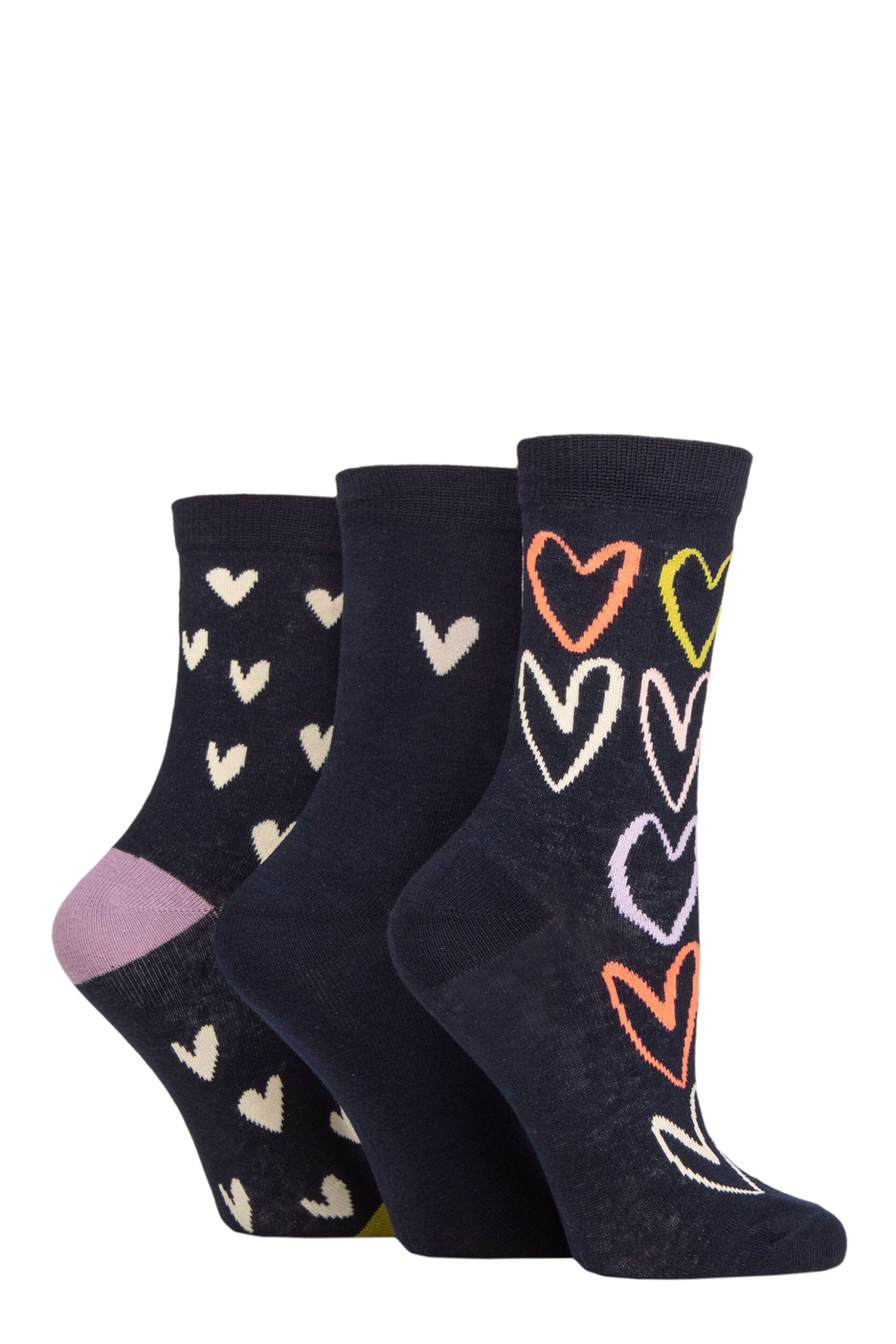 Women's 3 Pair Caroline Gardner Patterned Cotton Socks Heart Outline Navy 4-8 Ladies