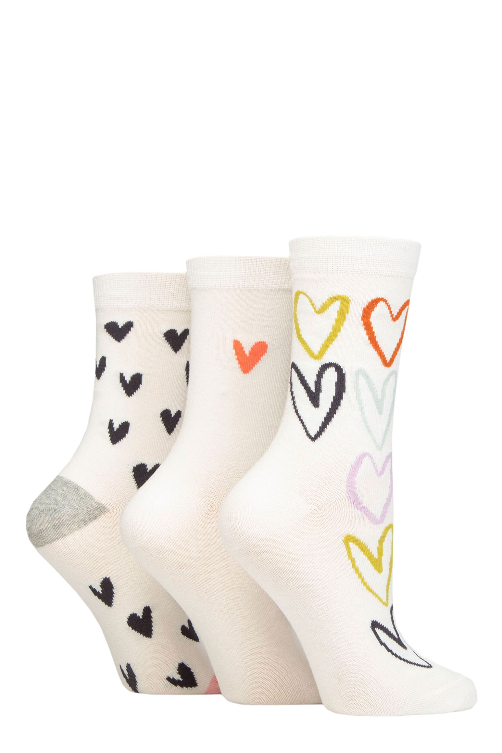 Women's 3 Pair Caroline Gardner Patterned Cotton Socks Heart Outline White 4-8 Ladies
