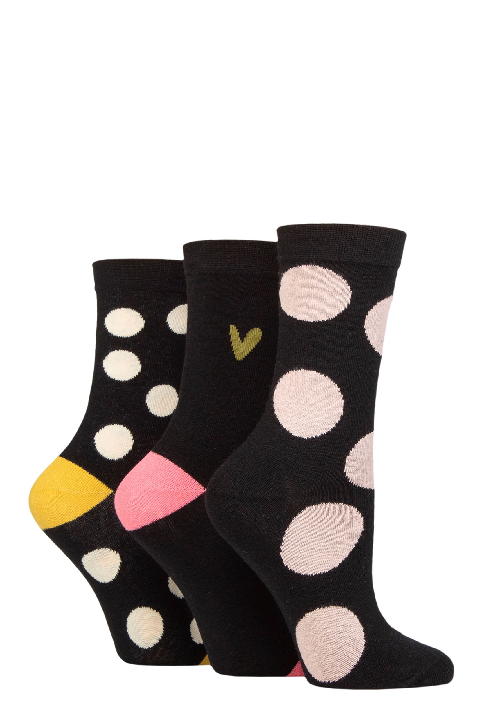 Women's 3 Pair Caroline Gardner Patterned Cotton Socks Black Spots 4-8 Ladies