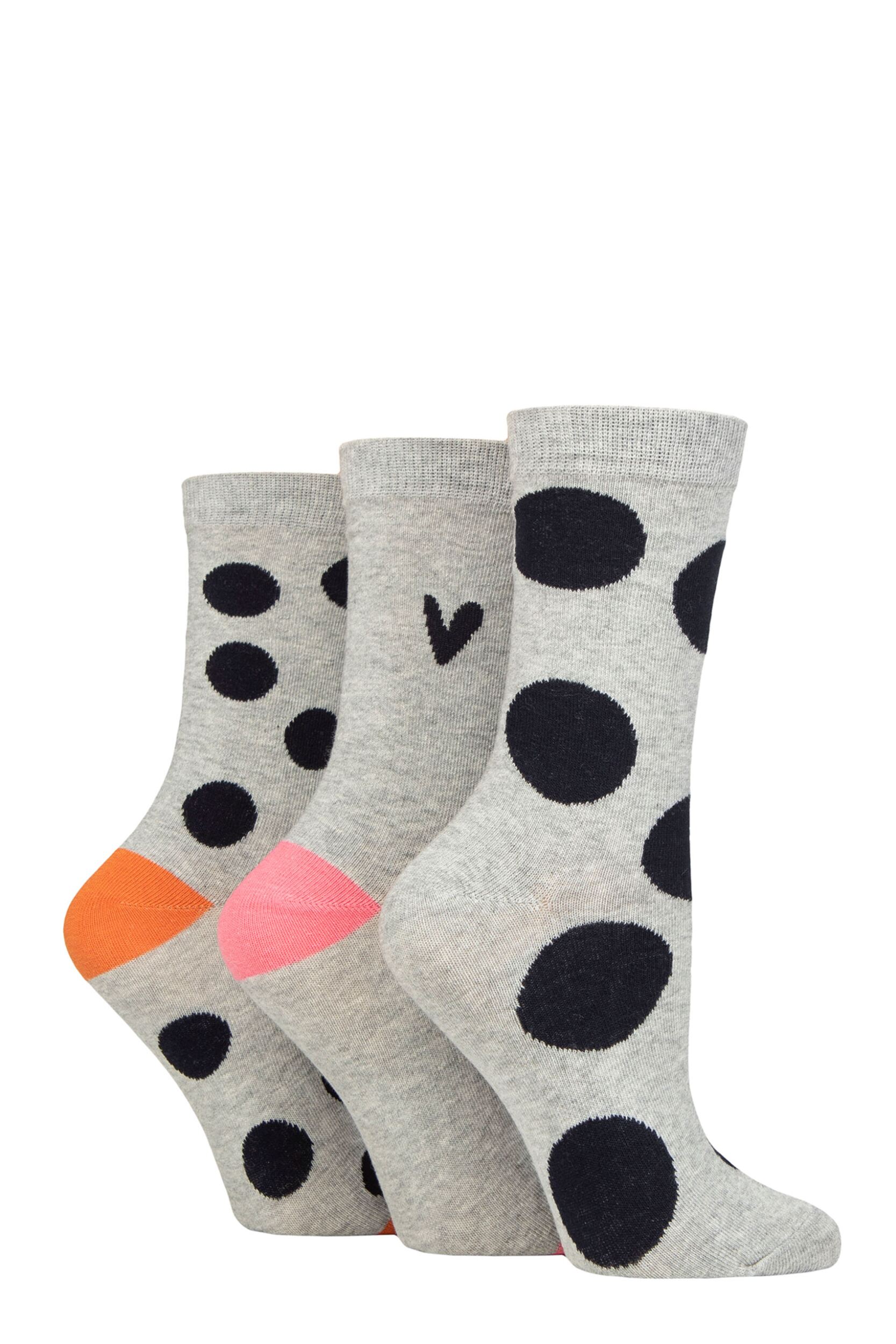 Women's 3 Pair Caroline Gardner Patterned Cotton Socks Grey Spots 4-8 Ladies