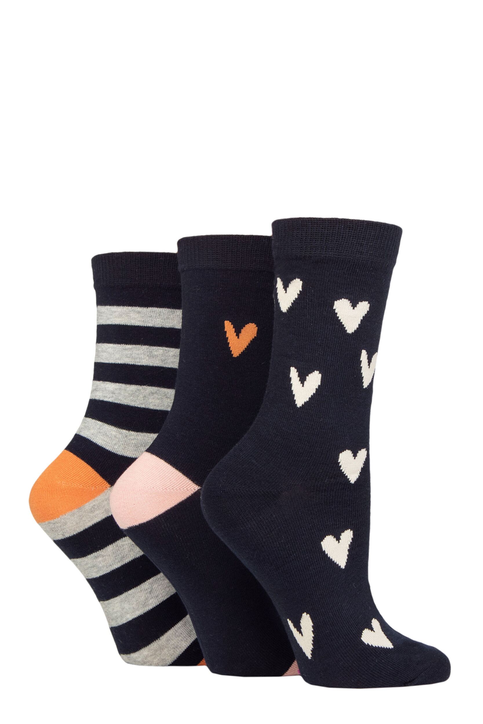 Women's 3 Pair Caroline Gardner Patterned Cotton Socks Navy Stripe & Heart 4-8 Ladies