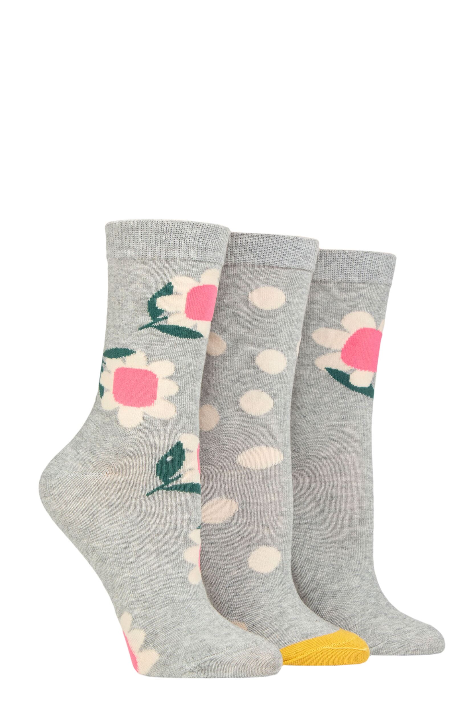 Women’s 3 Pair Caroline Gardner Patterned Cotton Socks Grey Flowers 4-8 Ladies