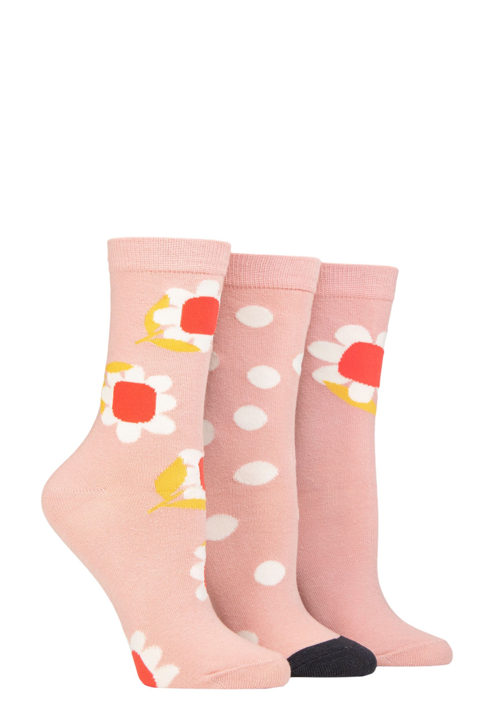 Women's 3 Pair Caroline Gardner Patterned Cotton Socks Pink Flowers 4-8 Ladies