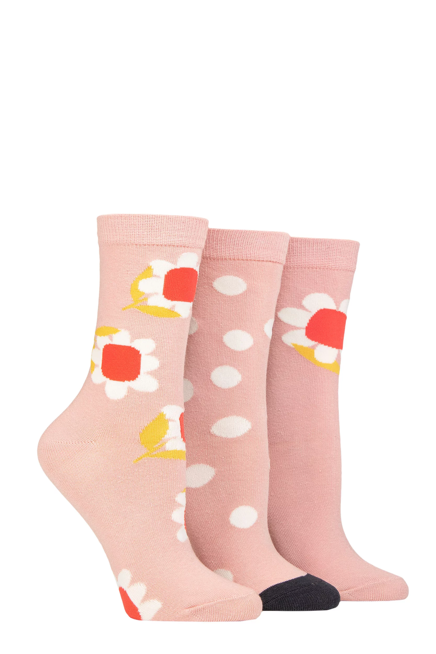 Women's 3 Pair Caroline Gardner Patterned Cotton Socks Pink Flowers 4-8 Ladies