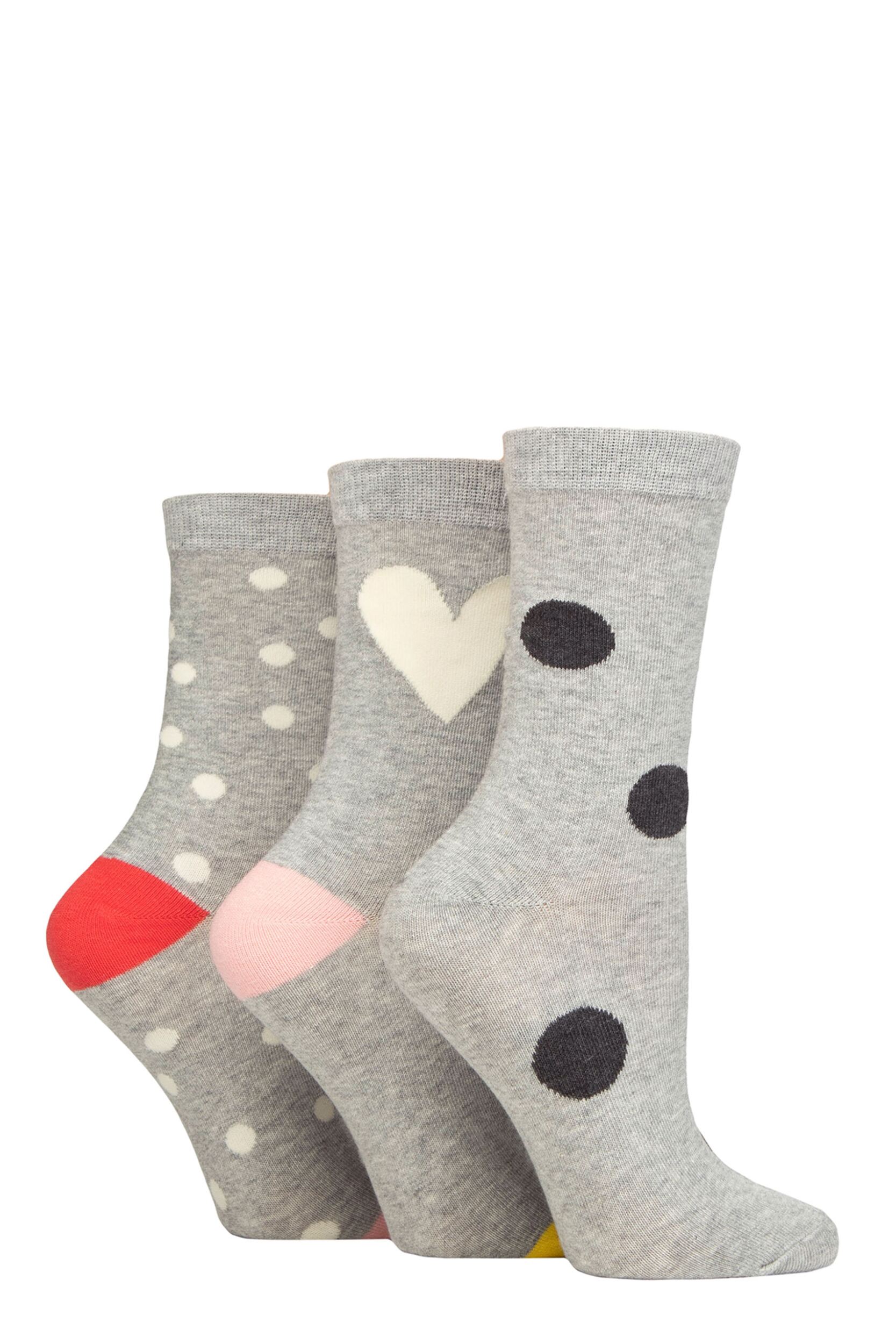 Women’s 3 Pair Caroline Gardner Patterned Cotton Socks Spots and Heart Light Grey 4-8
