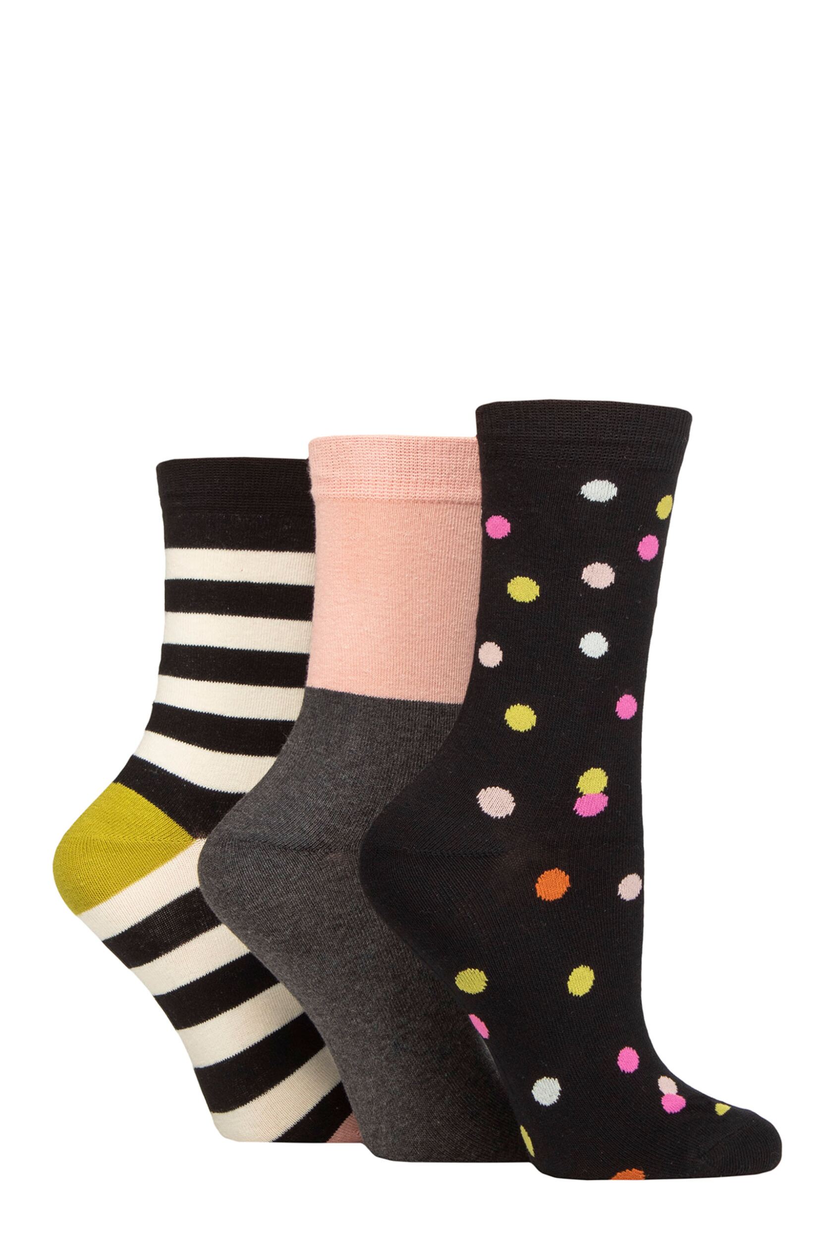 Women's 3 Pair Caroline Gardner Patterned Cotton Socks Spots / Stripes Black 4-8