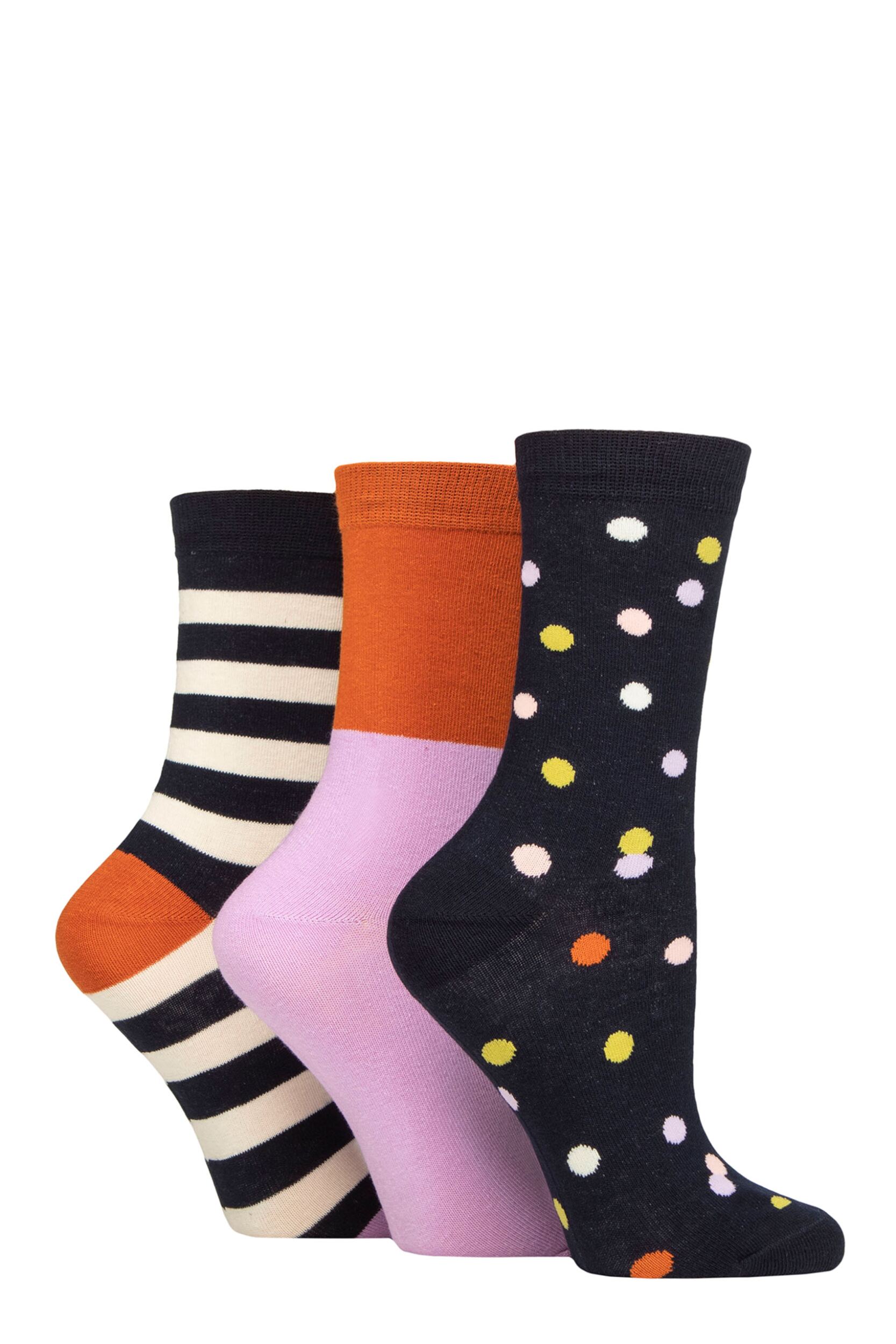 Women's 3 Pair Caroline Gardner Patterned Cotton Socks Spots / Stripes Navy 4-8