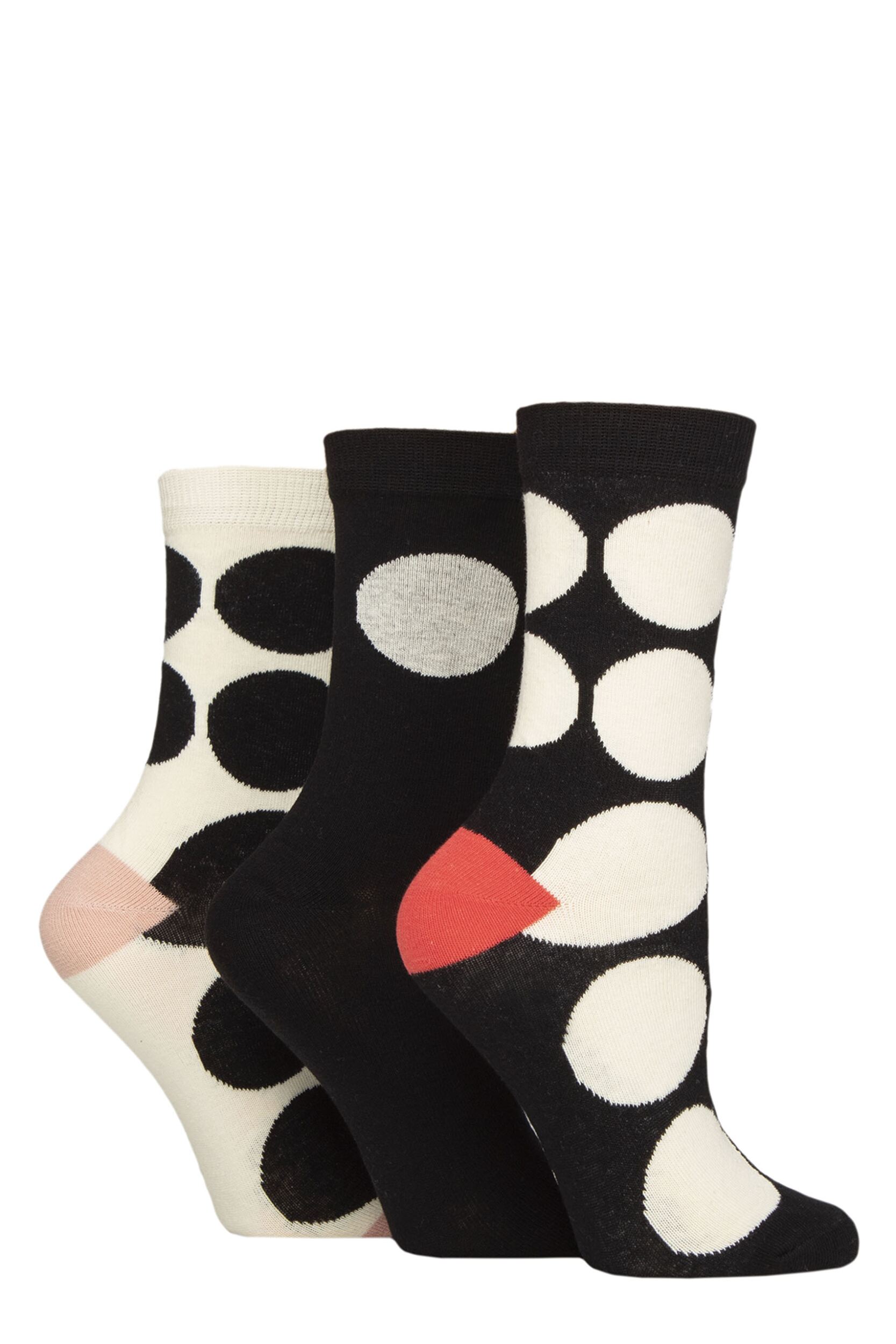 Women’s 3 Pair Caroline Gardner Patterned Cotton Socks Large Spots Black 4-8