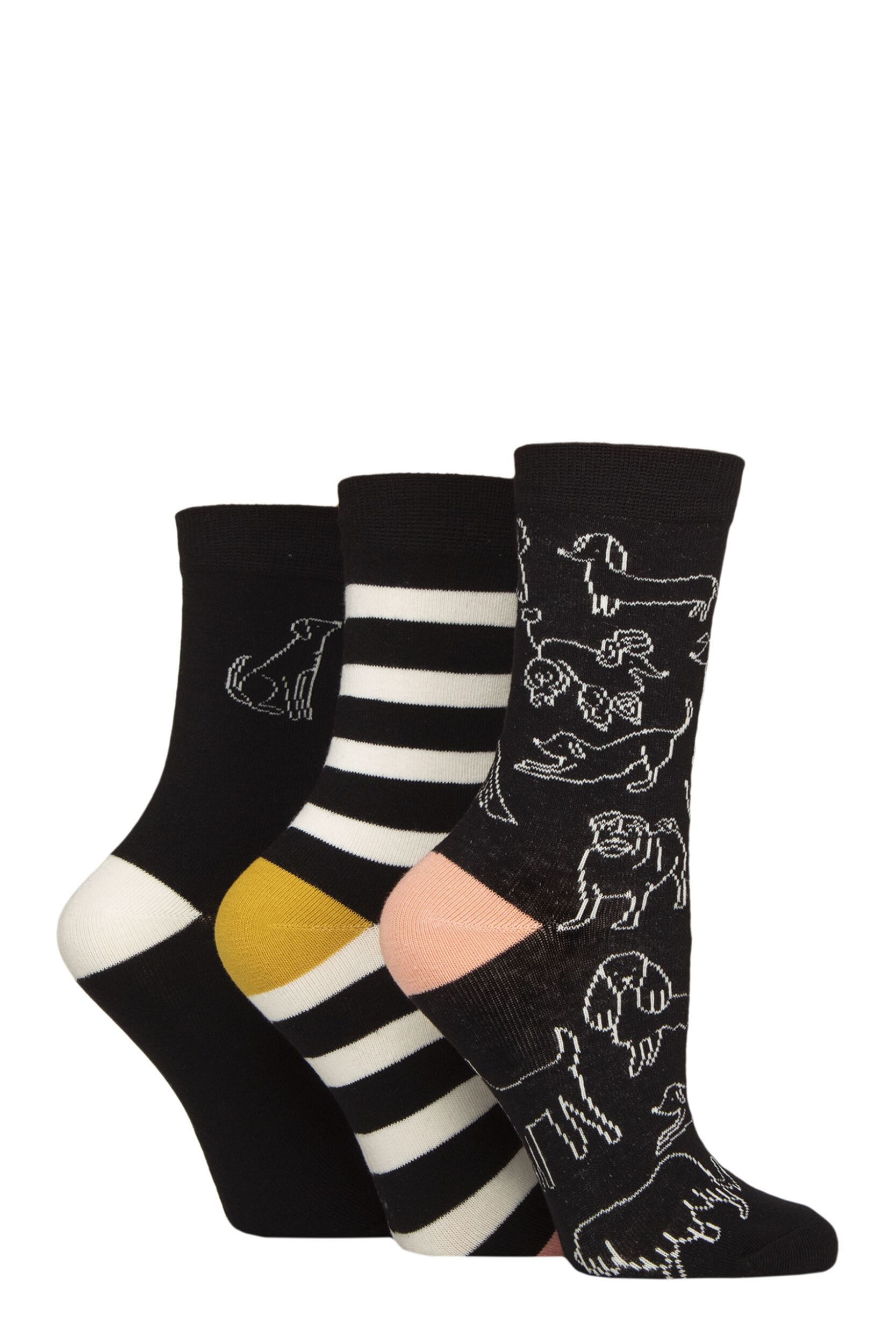 Women's 3 Pair Caroline Gardner Patterned Cotton Socks Dog Outline Black 4-8 Women's