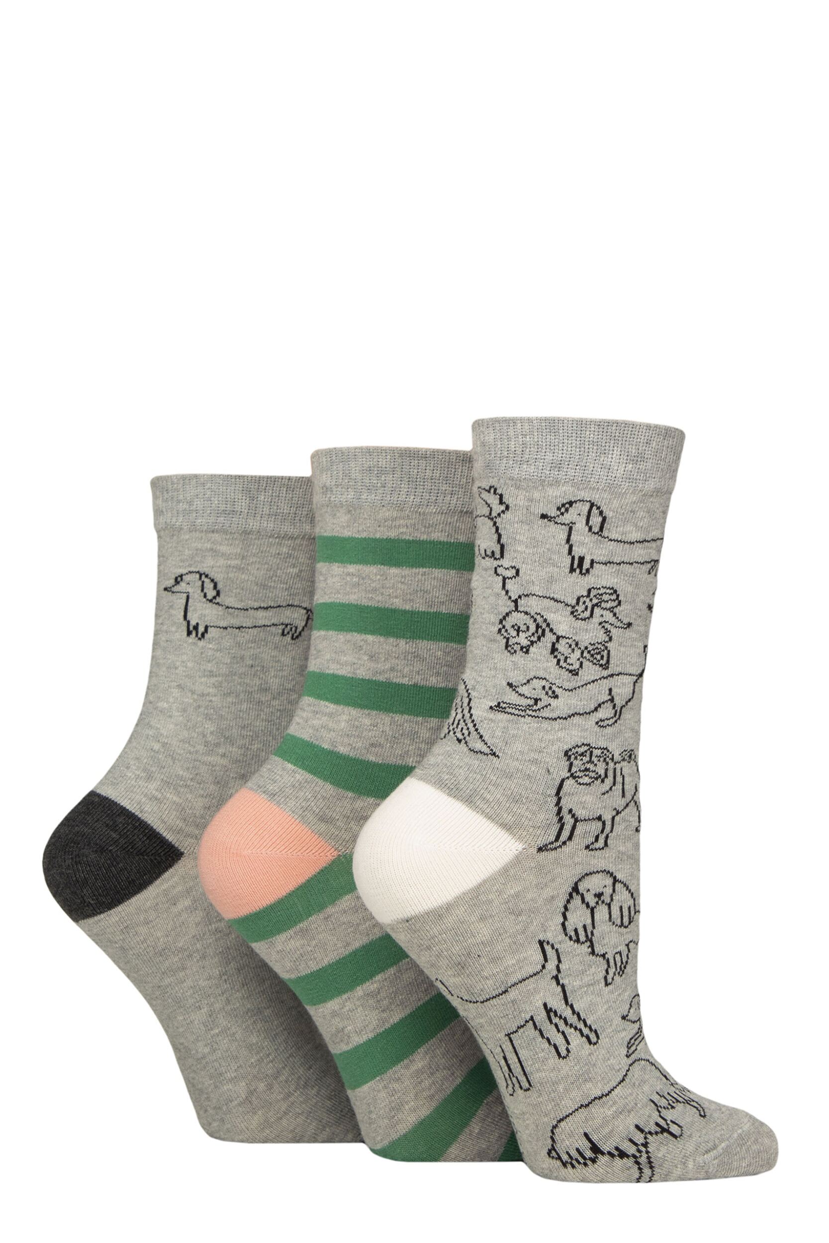 Women's 3 Pair Caroline Gardner Patterned Cotton Socks Dog Outline Grey 4-8 Women's