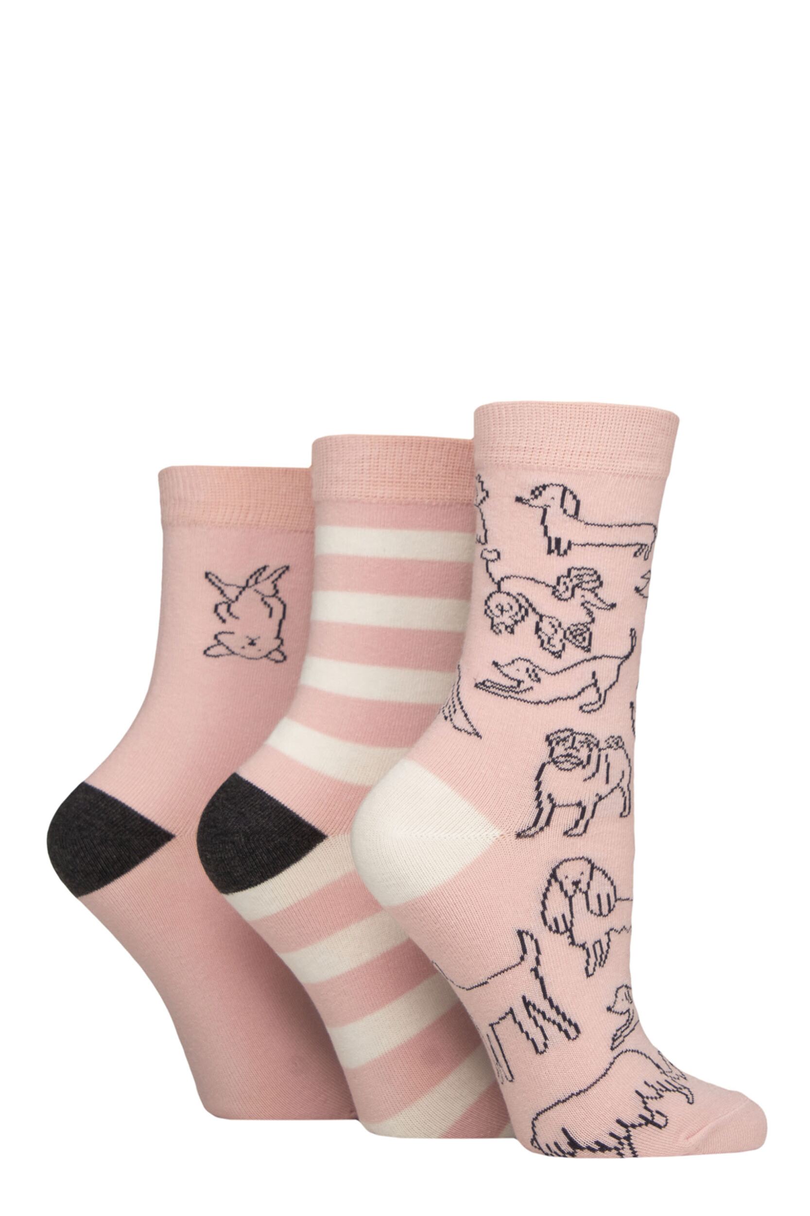 Women’s 3 Pair Caroline Gardner Patterned Cotton Socks Dog Outline Pink 4-8 Women’s