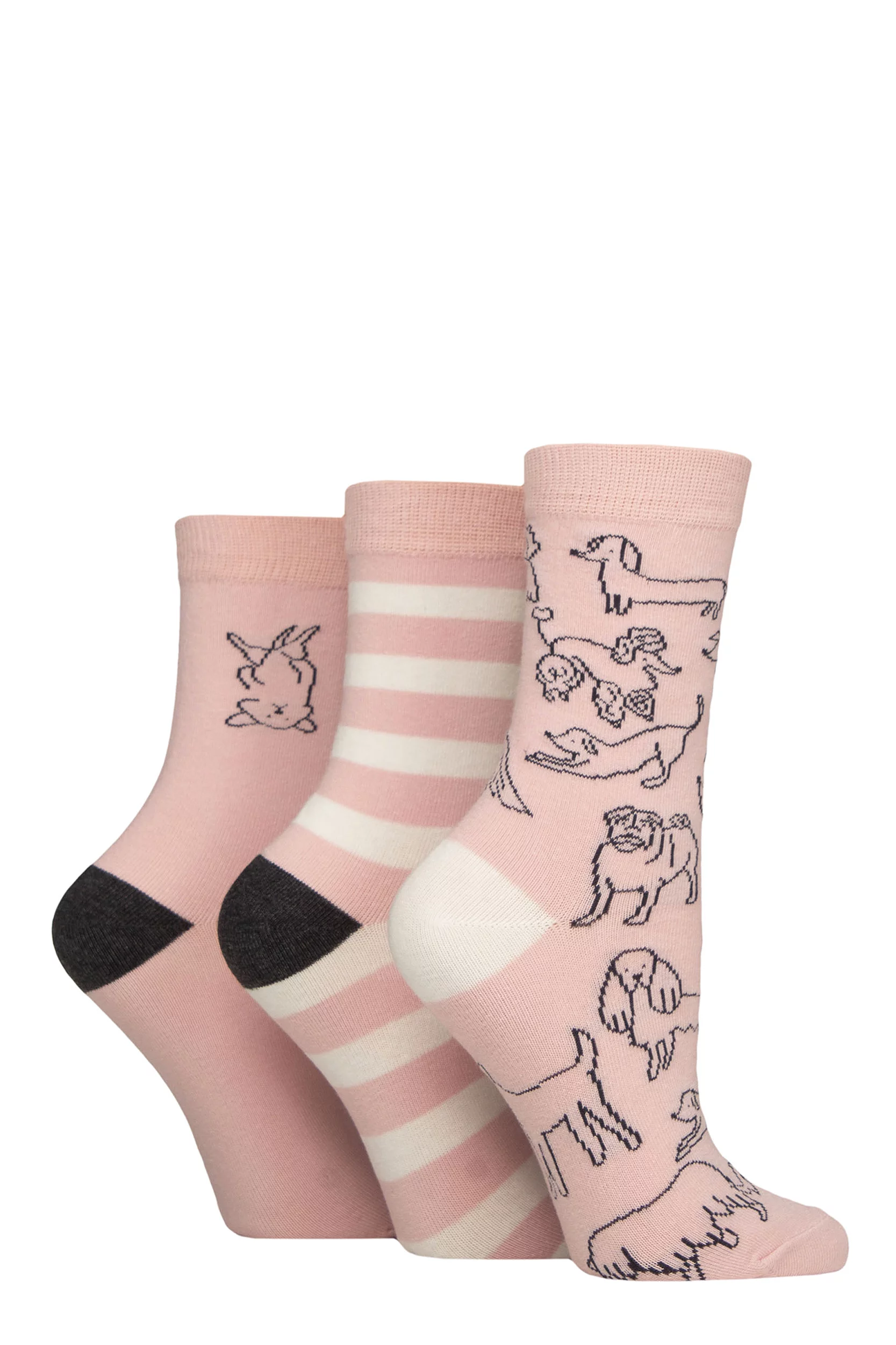 Women's 3 Pair Caroline Gardner Patterned Cotton Socks Dog Outline Pink 4-8 Women'