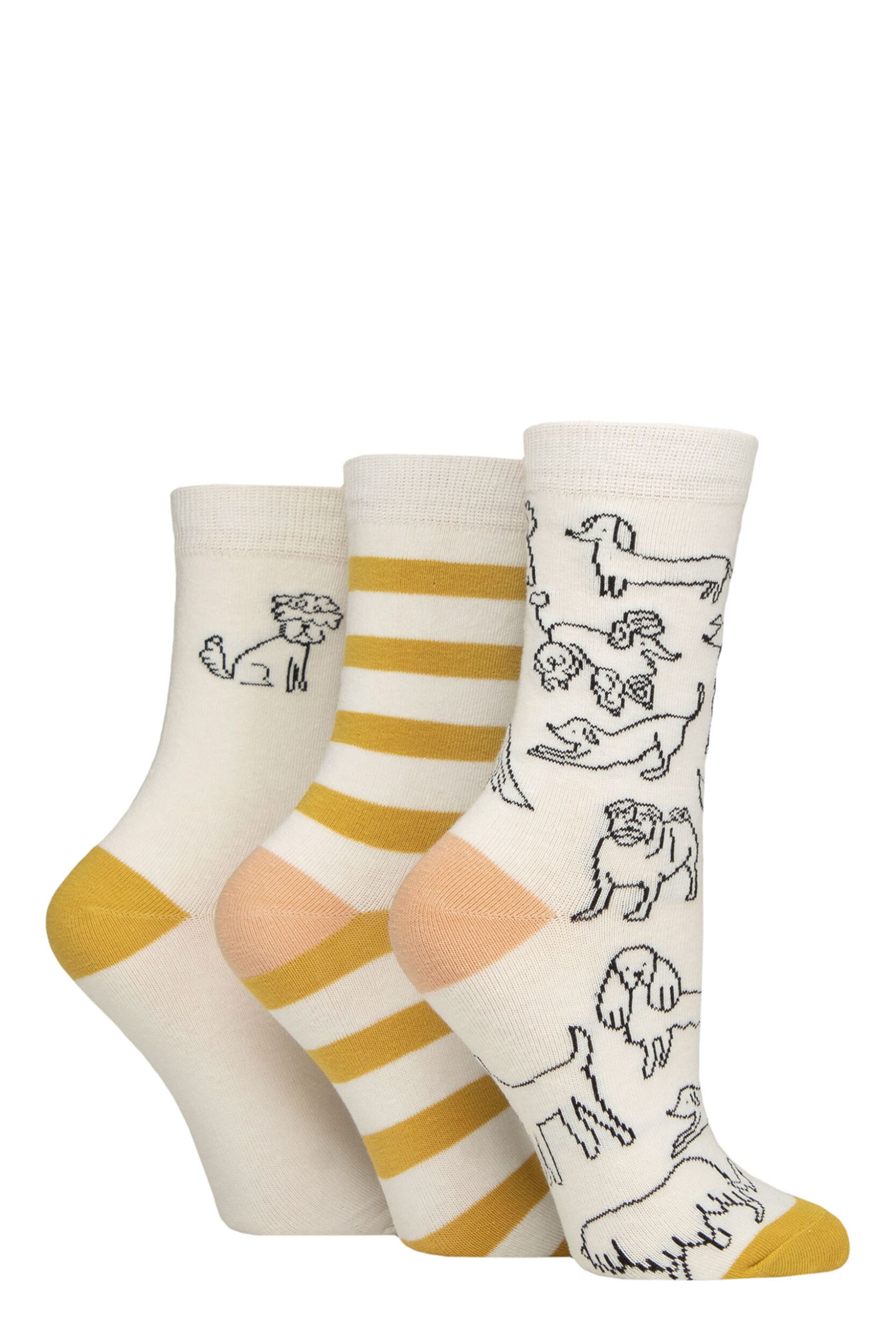 Women’s 3 Pair Caroline Gardner Patterned Cotton Socks Dog Outline White 4-8 Women’s
