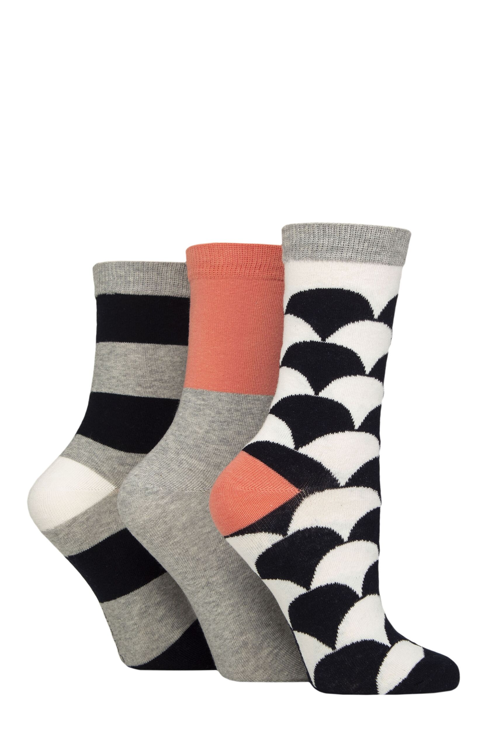 Women’s 3 Pair Caroline Gardner Patterned Cotton Socks Stripe White / Navy 4-8